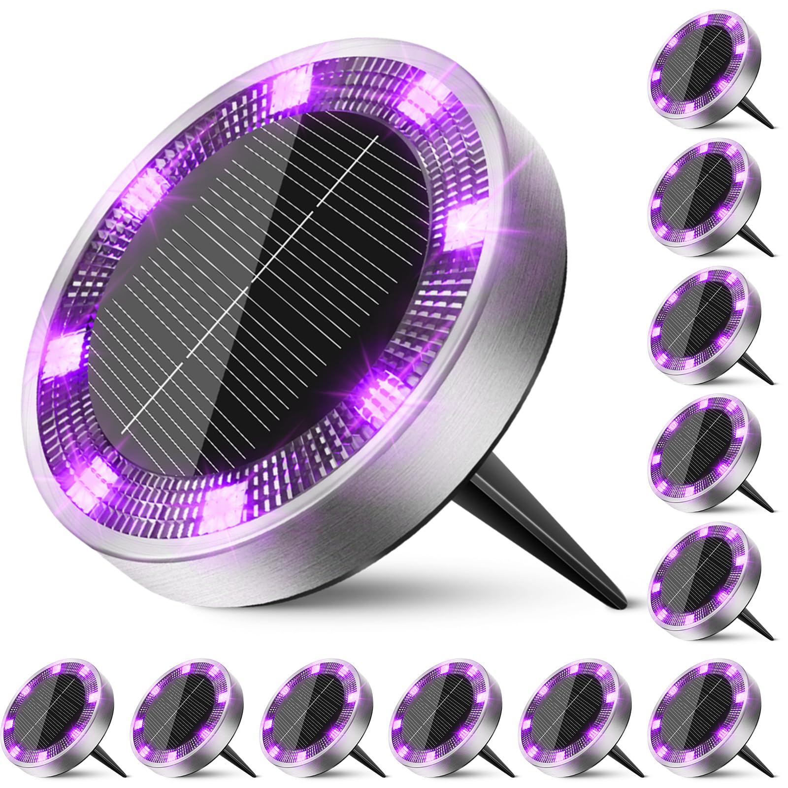 Peasur Solar Ground Lights Outdoor, 12 Pack Flat Solar Powered Disc Lights, IP68 Waterproof, Anti-Rust, Landscape Lighting for Pathway Garden Yard Lawn Walkway Landscape Driveway, Purple