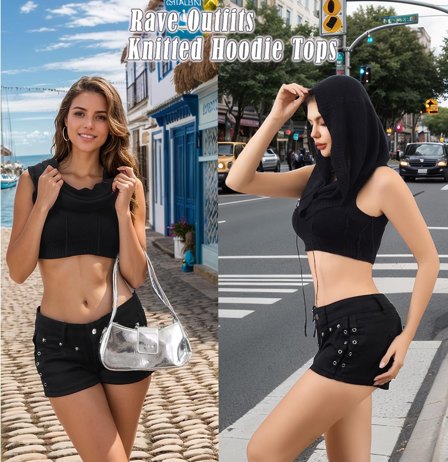 Women Hooded Knitted Sweater Vest, Sexy Rave Sleeveless Streetwear Corp Top Music Festival Outfit - Image 4