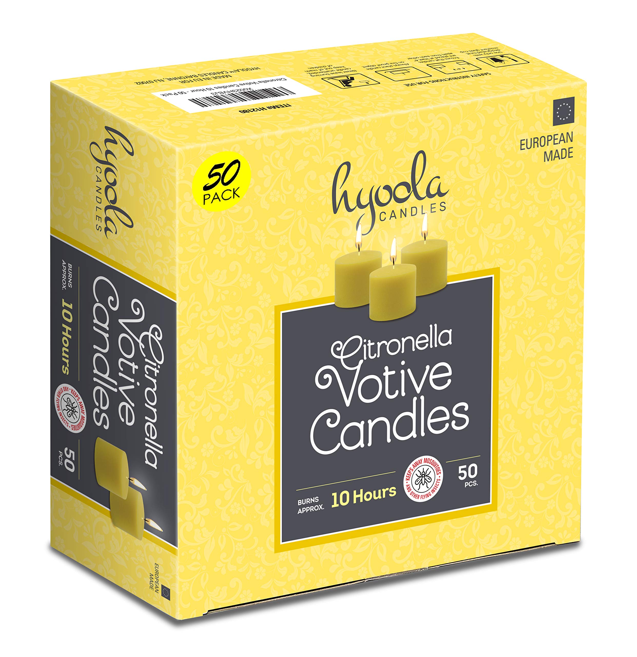 HYOOLA Lot de 50 bougies votives à la citronnelle – Durée de combustion de 10 heures – Idéal pour les insectes, fabriquées en Europe