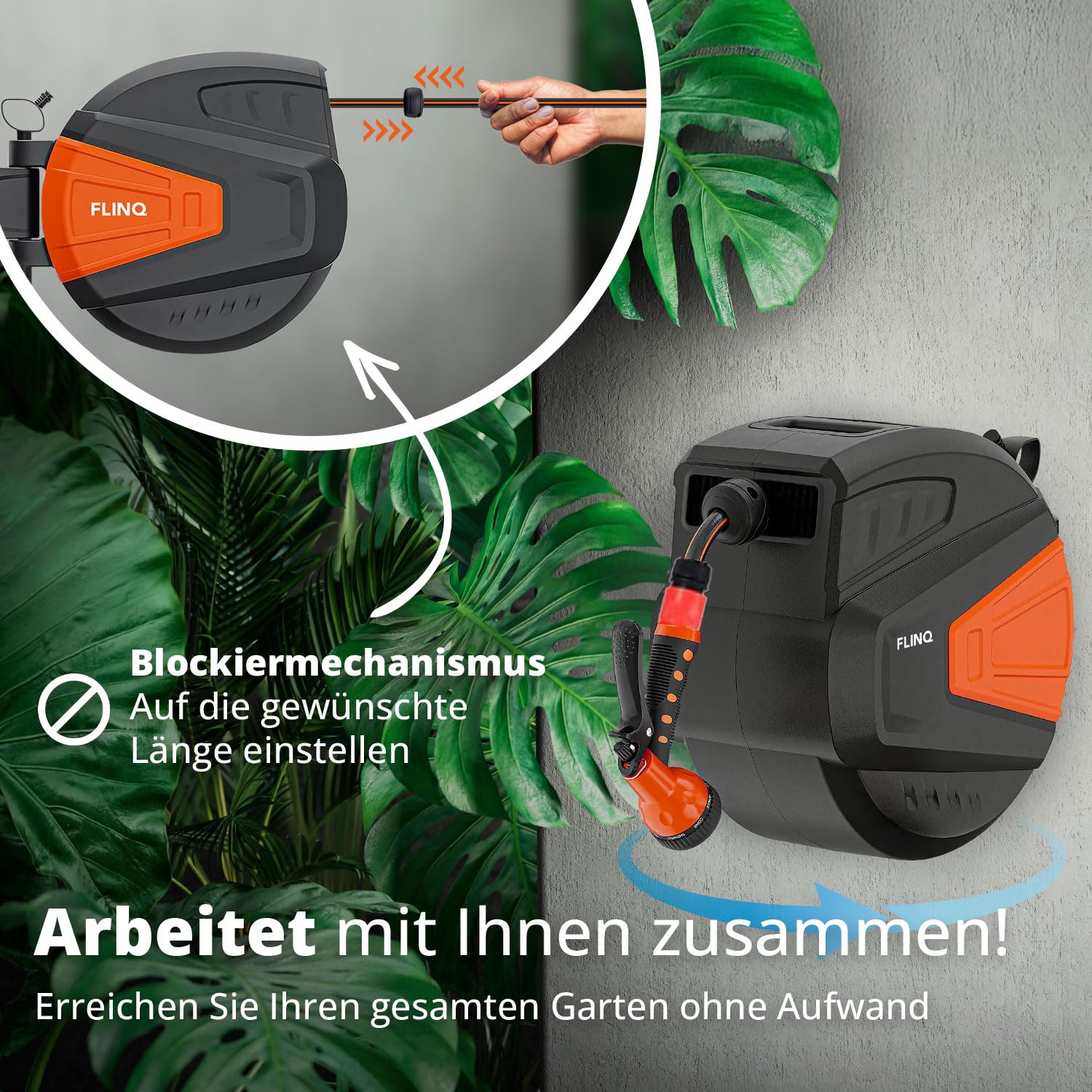 FlinQ 20m Schlauchtrommel Wandmontage - Orange | Gartenschlauch Trommel Automatik 180° Schwenkbar - Schlauchaufroller Wasser mit 9 Funktionen Sprühkopf