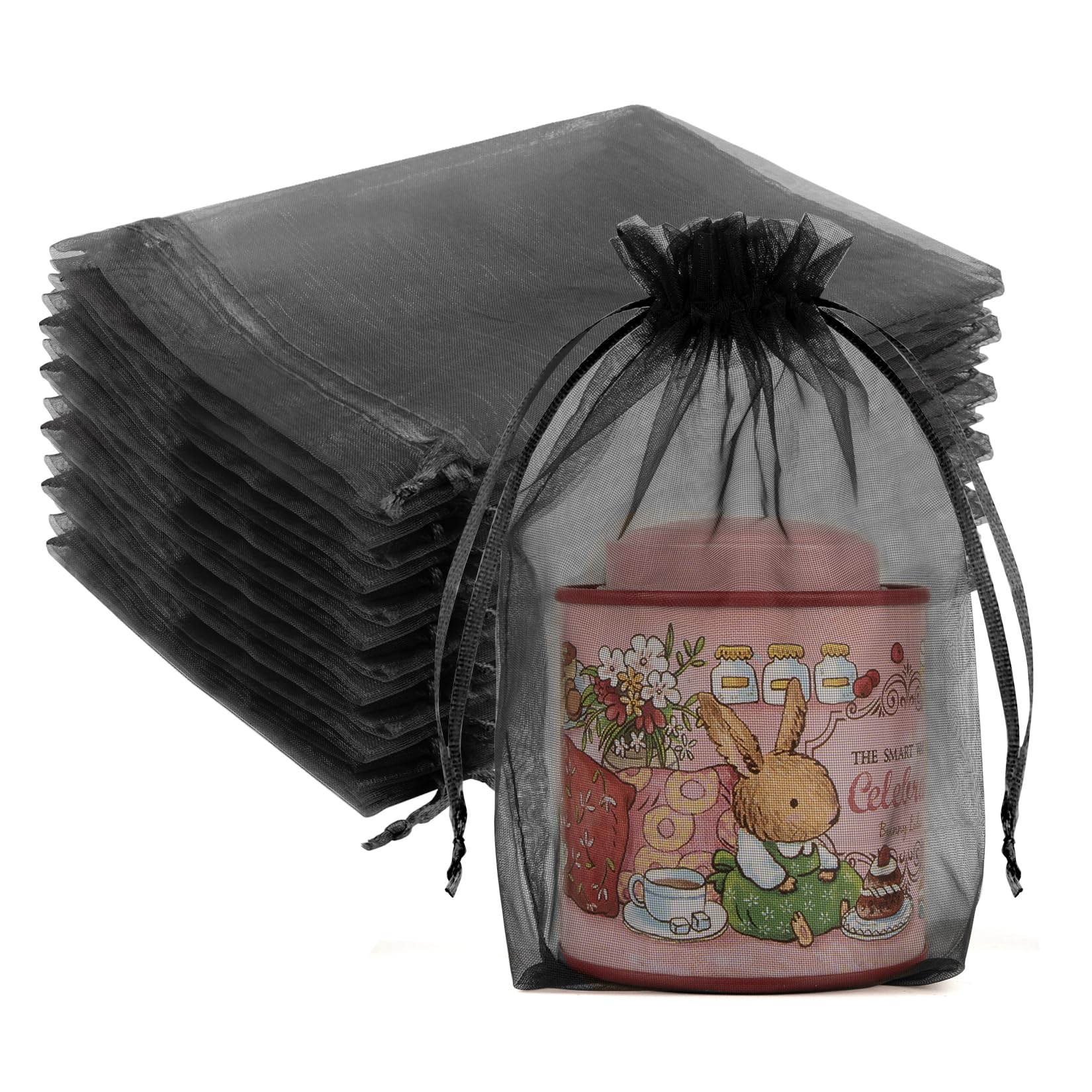 Crweety 50 Pcs Organza Bags 5x7, Black Small Mesh Gift Bags Drawstring Bulk