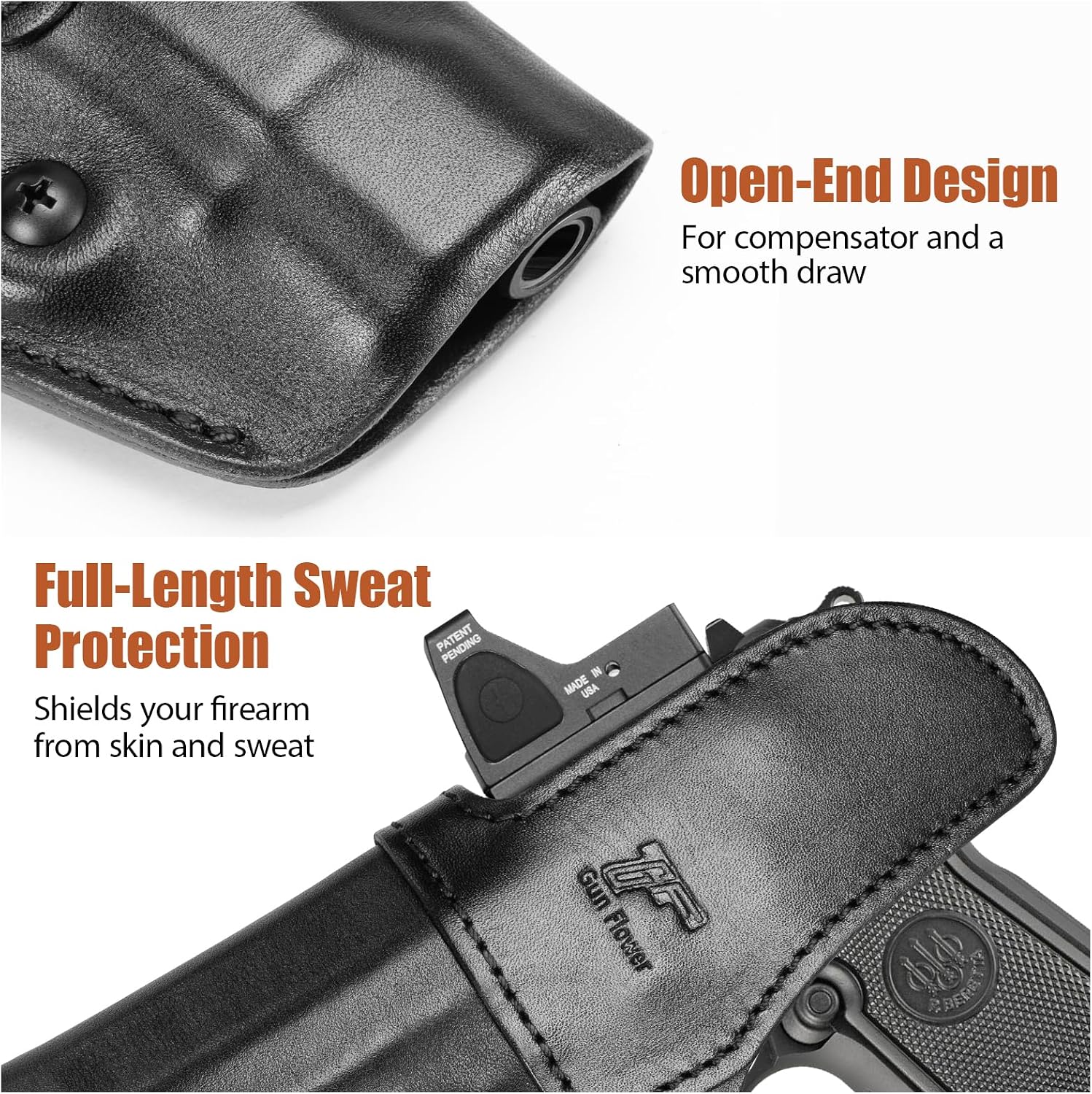 GUN & FLOWER IWB Leather Holster for Beratta 92FS/ 96 / M9 (No Rail), Optic Cut, Concealed Carry Inside Waistband Holster, Fits 1.5"-1.75" Belts, Adj. Retention, Black, Right Hand
