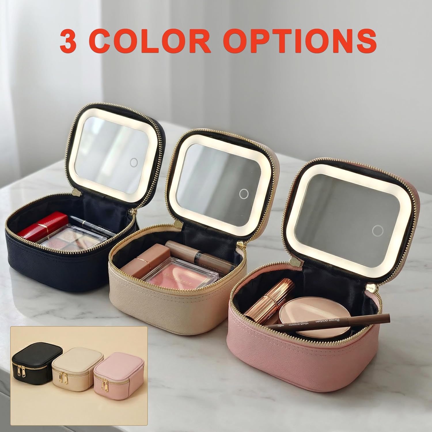 Elitzia Makeup Bag with LED Mirror Detachable & Portable Small Travel Makeup Bag Mini Cosmetic Bag for Women 3-Light Modes Rechargeable 1000mAh Battery Makeup Case Waterproof Toiletry Bag, Black