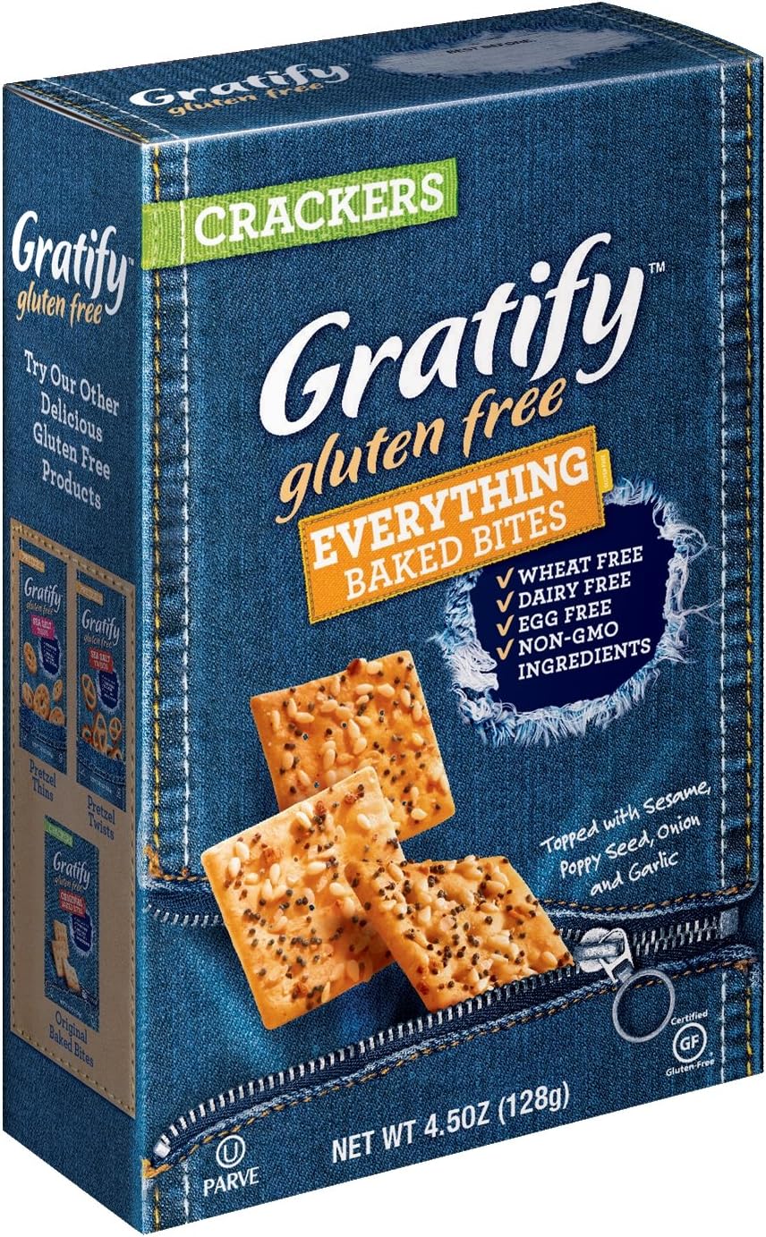Gratify Gluten Free Crackers Bites Everything Flavor Crispy Baked Vegan GF Snacks, Sesame Poppy Seed Onion & Garlic, 4.5oz Bag (Pack of 12)