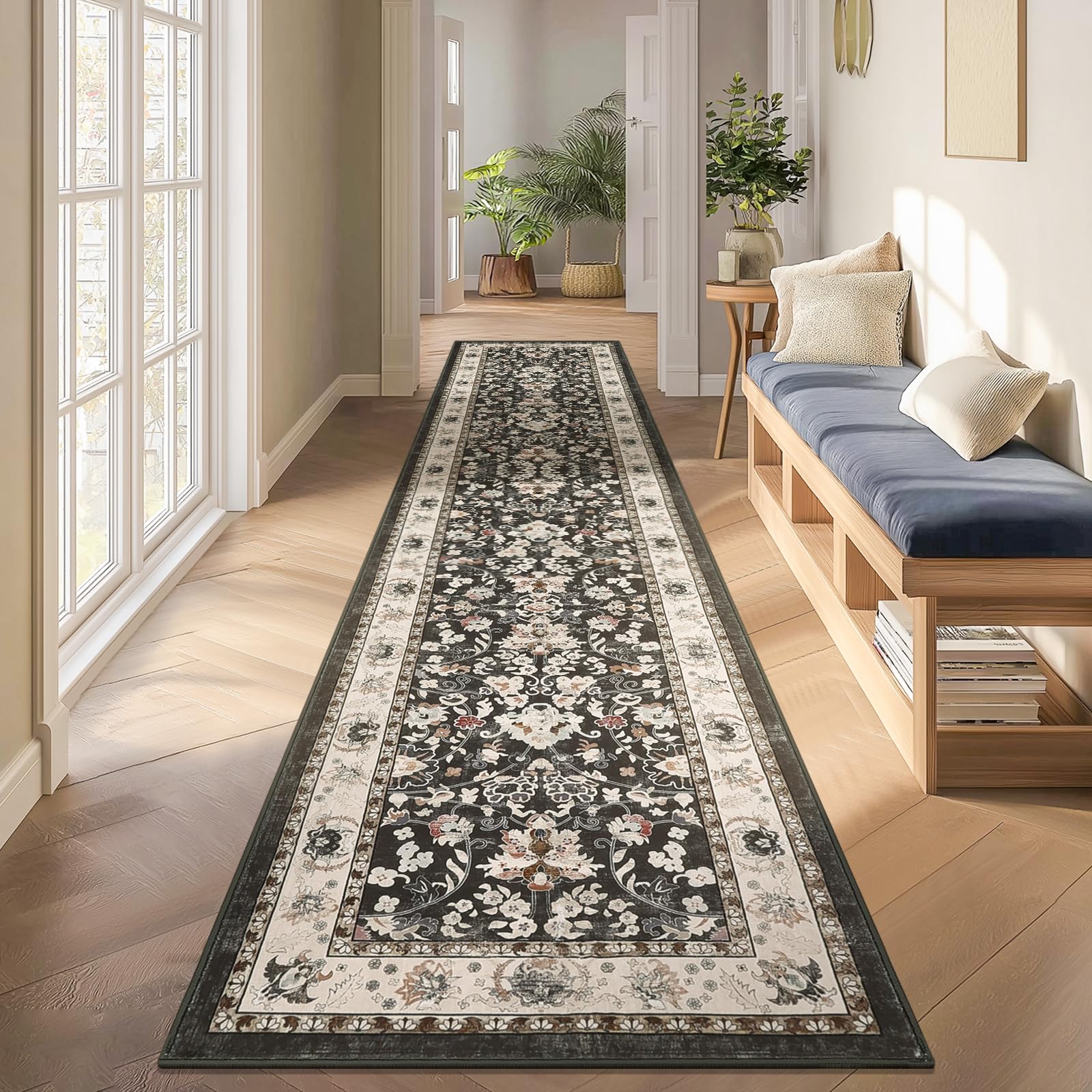 LOKHOM Washable Runner Rug, 2x10 Non-Slip Vintage Farmhouse Hallway Runner Rug with Rubber Backing, Boho Soft Faux Wool Kitchen Rug Carpet Runner for