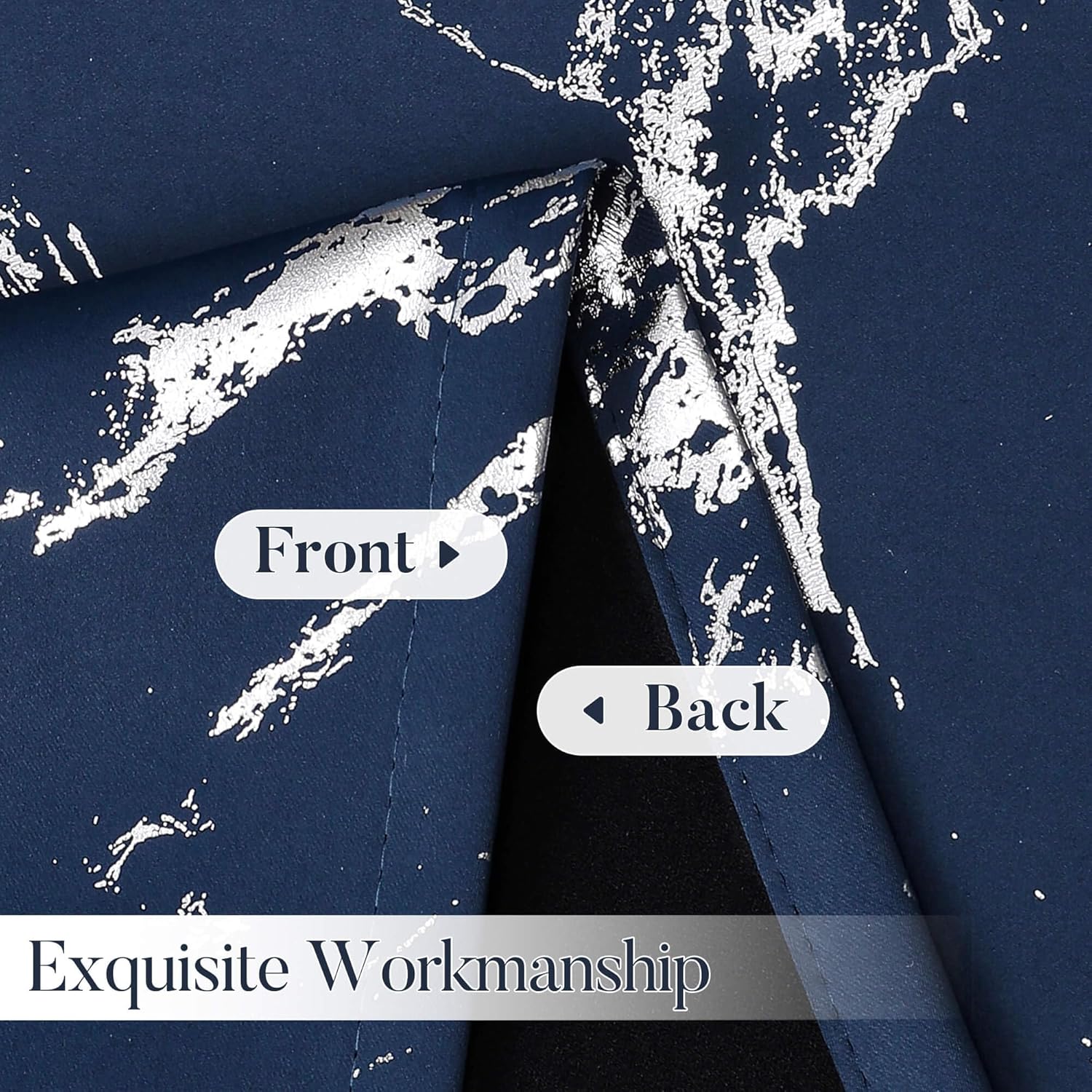 WUBODTI Navy Blue Patterned 100% Blackout Curtains 63 Inch Length 2 Panels, Silver Metallic Marble Printed Thermal Insulated Short Curtain Modern Abstract Drapes for Kids Bedroom Living Room Kitchen