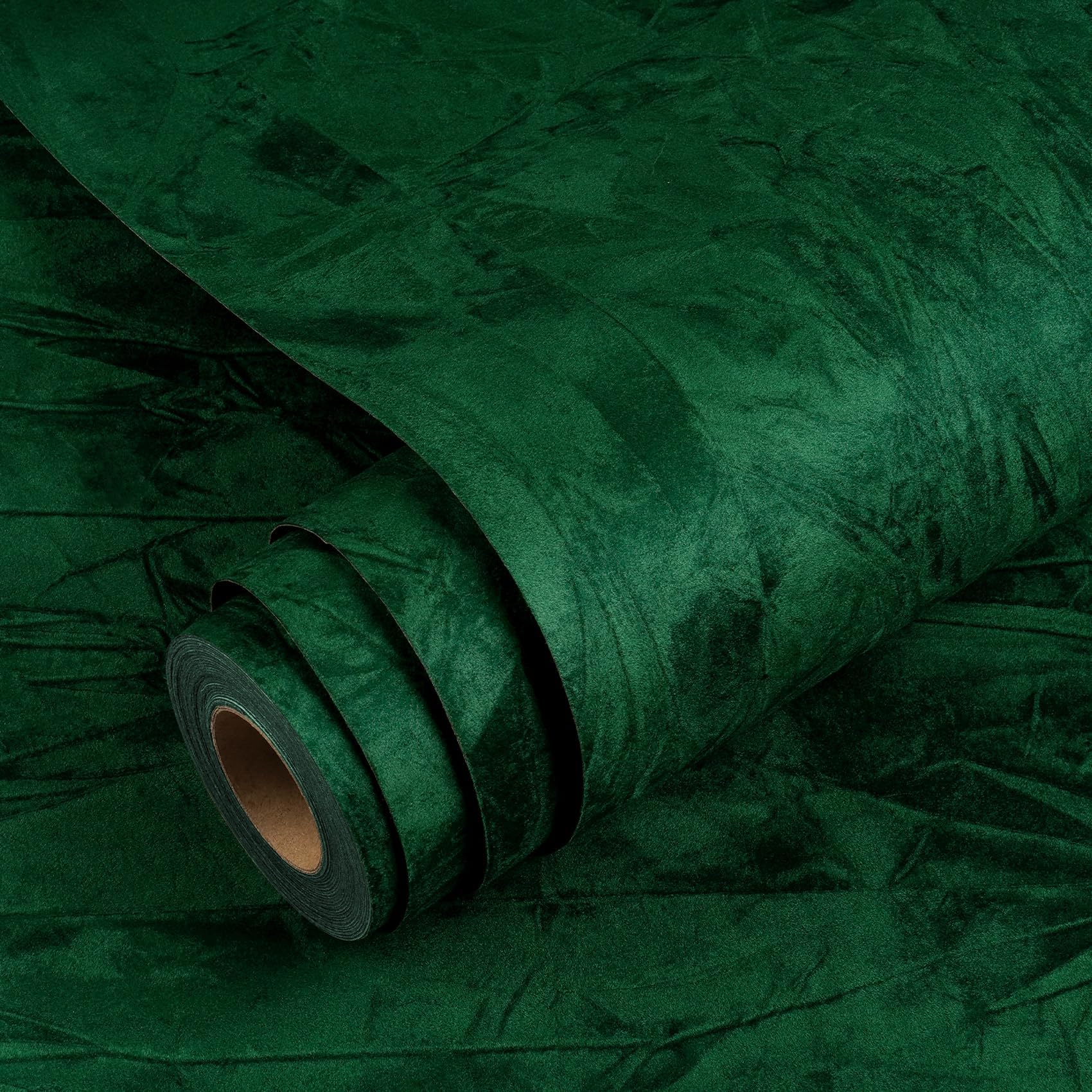 YENHOME Self Adhesive Wallpaper Dark Green Velvet 60x300cm Vintage Flocking Cloth Contact Paper for Bedroom Living Room Stick and Peel Green Velvet Flocking Liner Wallpaper for Accent Wall Furniture