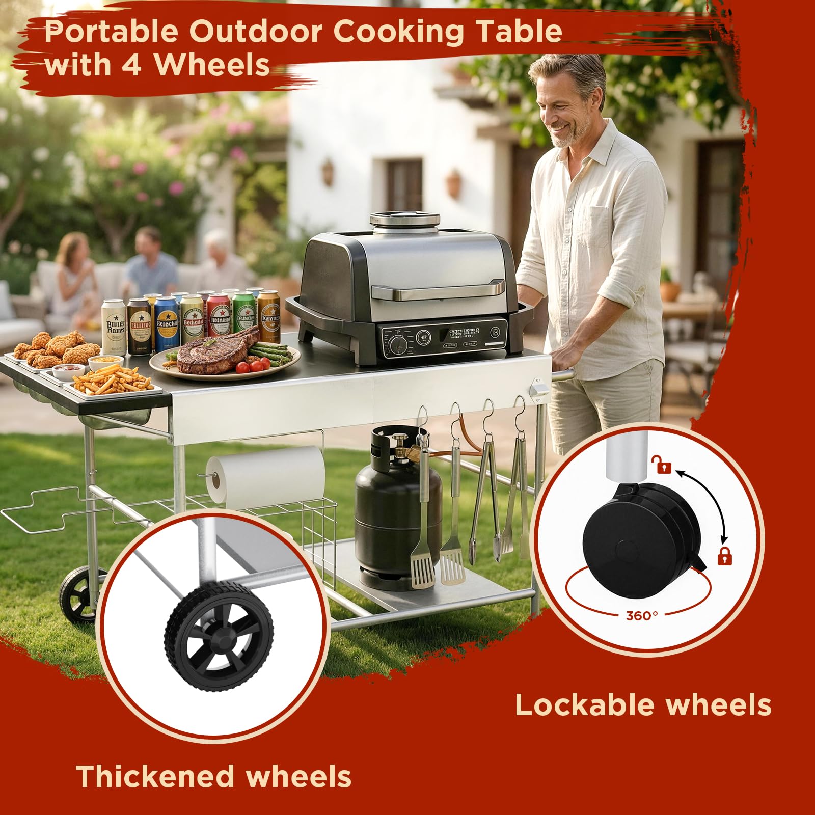 Denmay 128 x 66 x 78 cm carro de barbacoa para Weber Q Serie, Ninja Woodfire, horno de pizza, parrilla de mesa, horno para pizza, carrito de servir con gran superficie de trabajo, mesa de barbacoa al