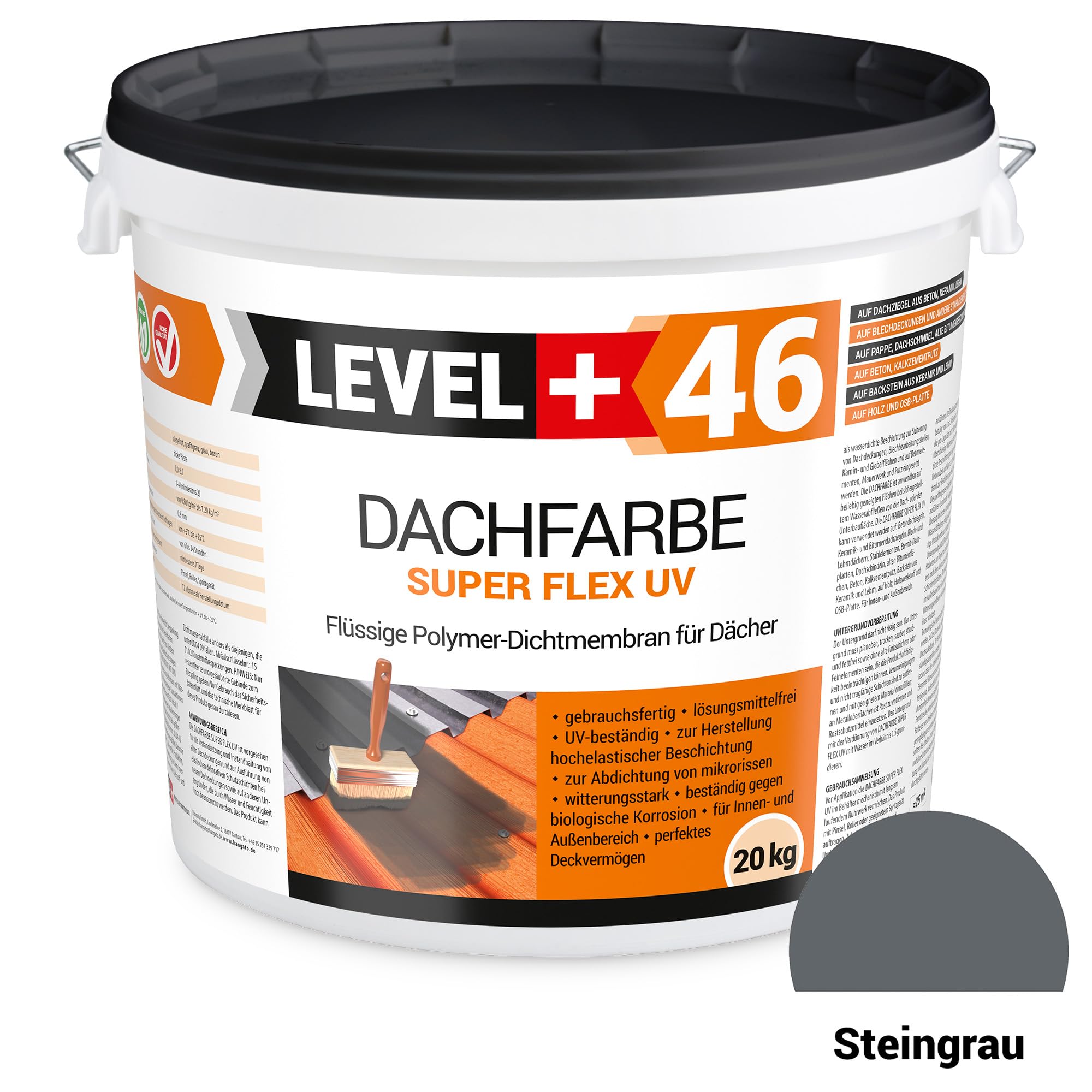 Dachfarbe 40kg Steingrau, Sockelfarbe, Dachlack, Dachsanierung | Flexibler Polymermembran Wetterbeständig + Farbroller 25cm Mikrofaser mit Bügel Set RM46