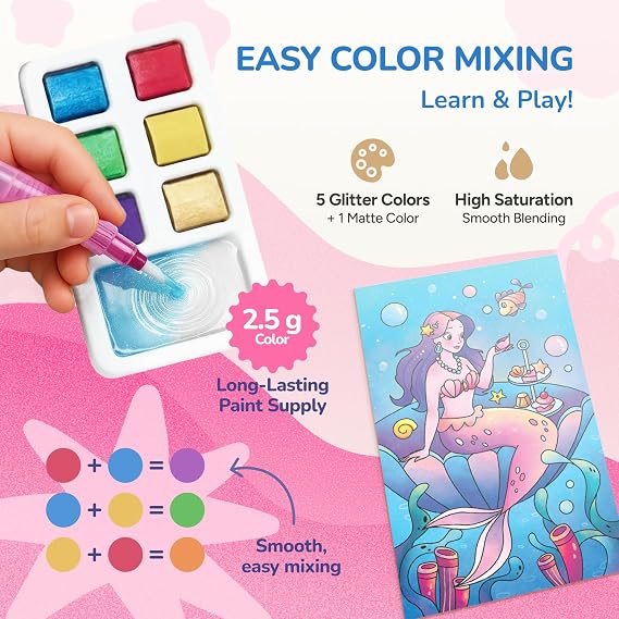 JoyCat 2 Pack Pocket Paint with Water Coloring Books for Kids, Art & Craft Activity Toy Set, Creative Travel & Home Painting Kit, Gifts for Girls & Boys Ages 3-8 (Magical Pony & Ocean Princess)