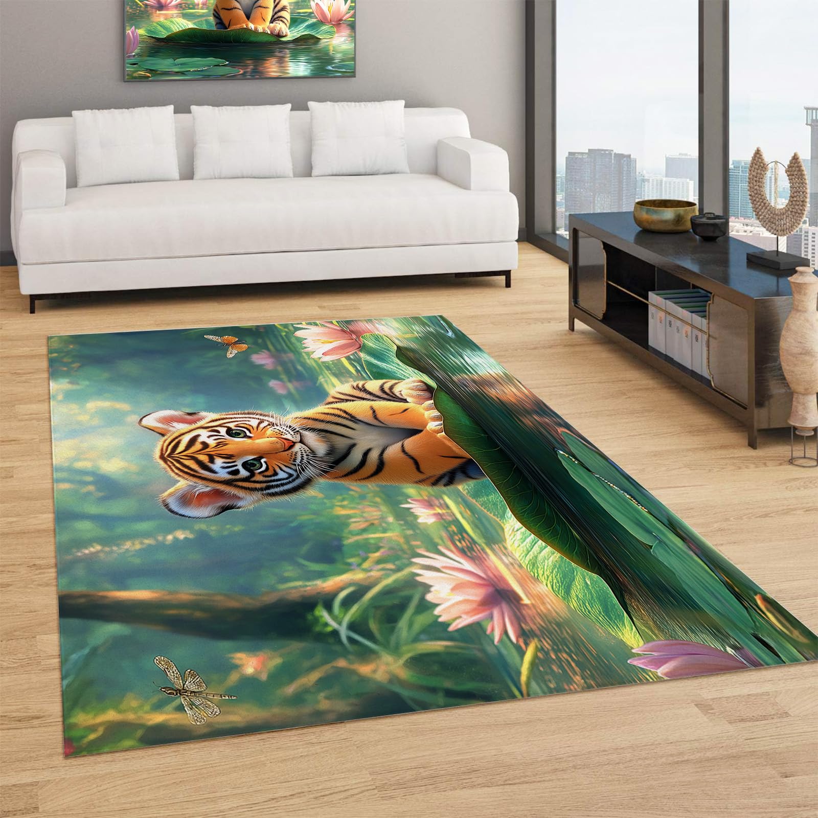 Tapis poils ras moderne nénuphars et tigres 150x210 cm pour salon et chambre