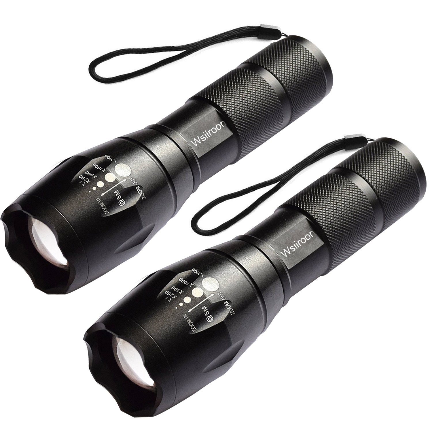 LED Flashlight - Wsiiroon 1600 Lumen XML-T6 Handhold Flashlight-Portable, Zoomable, Waterproof, Super Brightness with 5 Light Modes for Indoor and Outdoor Use, 2 pack (Batteries Not Included)