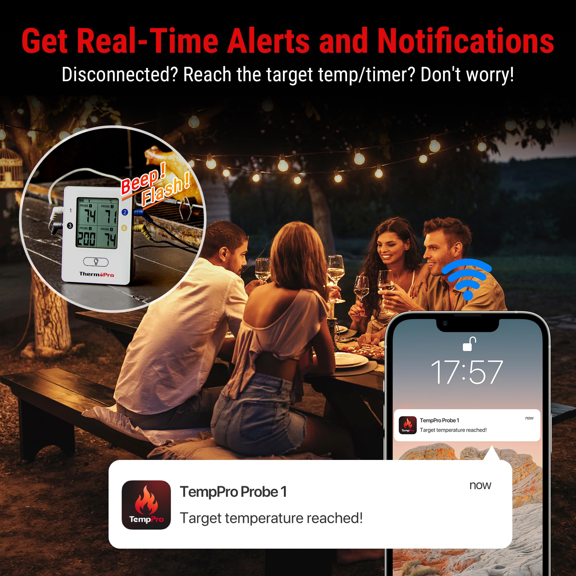 ThermoPro TempPro TP25 Termómetro Barbacoa Inalámbrico Bluetooth con 150m de Largo Alcance Termómetro de Cocina Digital con 4 Sondas para Parrilla Horno Ahumador Barbacoa Carne Carne Termómetro