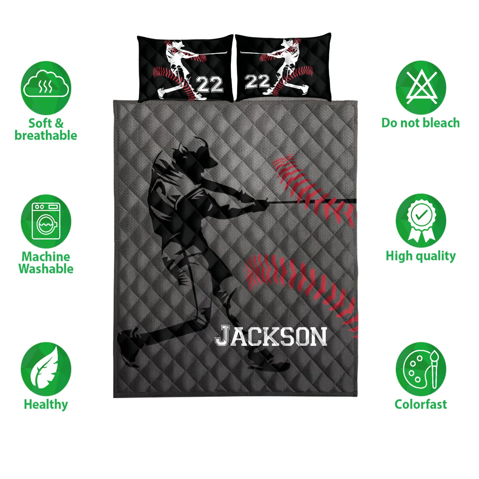 OhaPrints Custom Baseball Boy Batter Player Fan Gift Idea Grey Personalized Name Number Quilt Blanket & Pillowcases, Quilts Bedding Set & Pillow Cover, King Queen Double Twin Throw Full Size Bed Sets