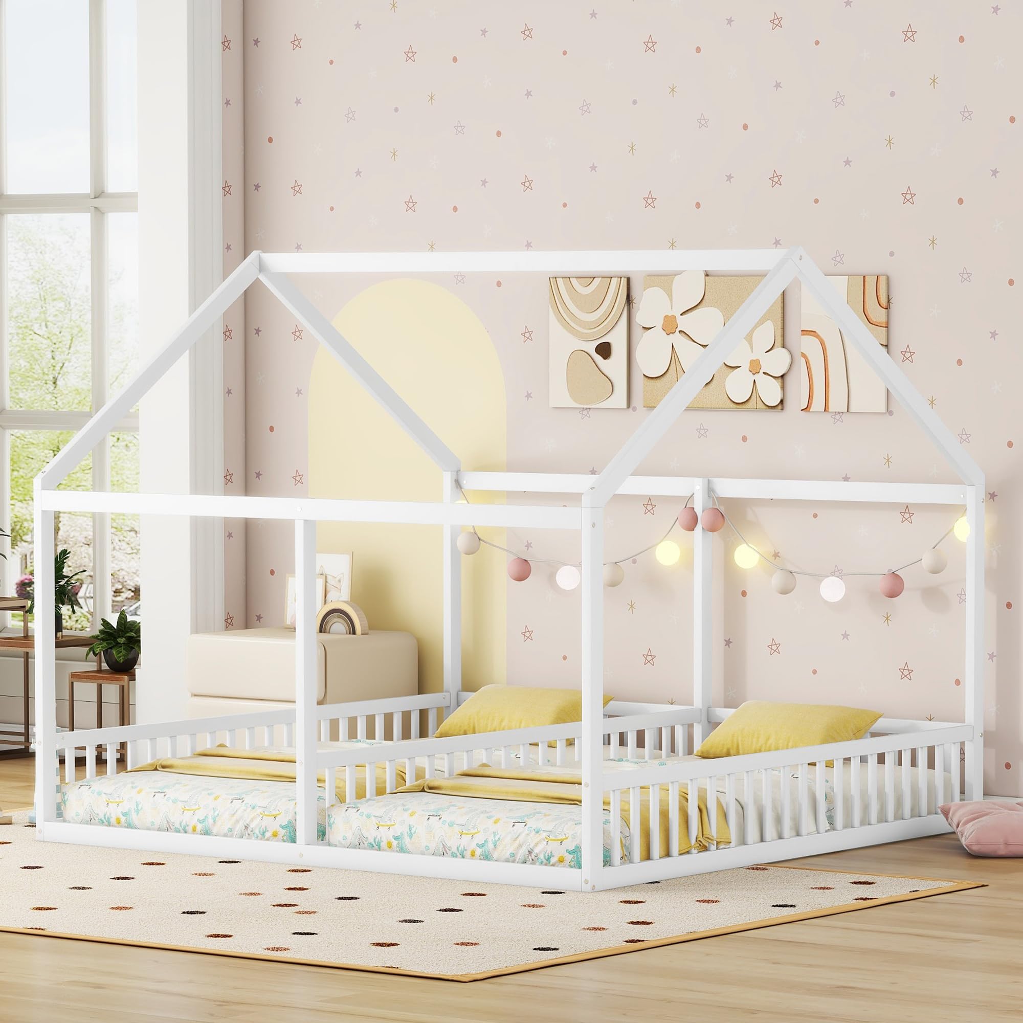 Rtopsu Letto per Bambini Letto Matrimoniale 90x200 cm, Letti a Soppalco con Rete a Doghe in Legno per 2 Ragazzi, Letti Casa con Protezione Anticaduta, Bianco, Senza Materasso