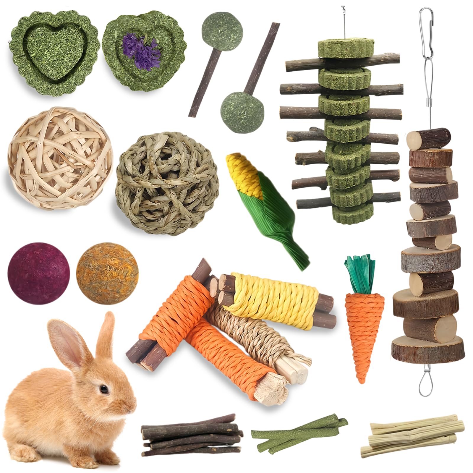 MEETOZ 32 Pack Rabbit Toys Set, Natural Chew Toys for Small Animals,Timothy Hay Sticks, Teeth Care and Exercise, Natural handmade production, Boredom Breaker Accessories for Small Animals