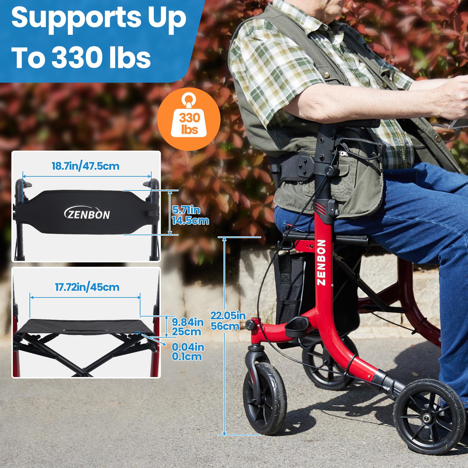 Deambulatore in Alluminio Ultraleggero con 4 Ruote: Rollator Stretto per la Casa, Deambulatore con Seduta Pieghevole per Anziani - Rollator da Viaggio con Maniglia Regolabile in Altezza (Rosso)