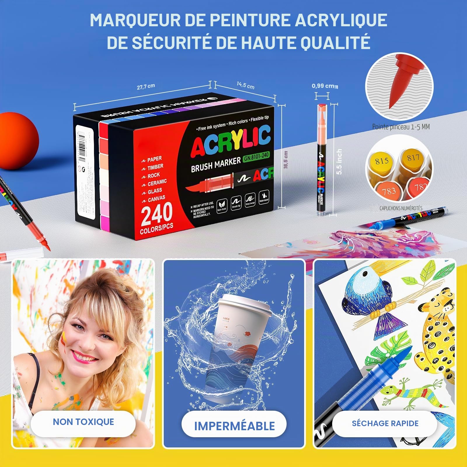 TrendGate 240 Couleurs Feutre Acrylique, Utilisation Multi-surface | Séchage Rapide, Marqueur Peinture Acrylique Pinceau Pour Papier, Verre, Galet, Métal, Plastique, Bois, Céramique, Textile