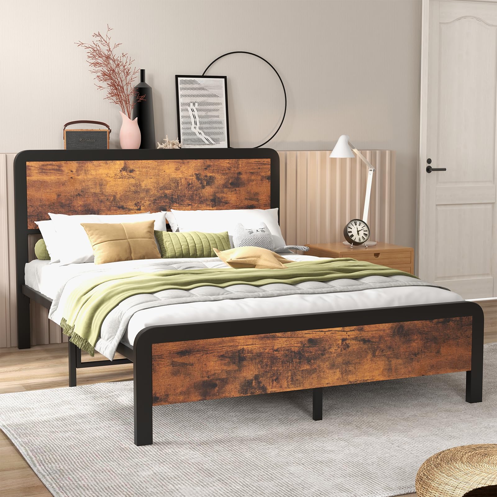 Metal Queen Size Bed Frame with Rustic Vintage Wood Headboard, Platform Bed Frame Mattress Foundation with Safe Rounded Corners & Strong Metal Slats