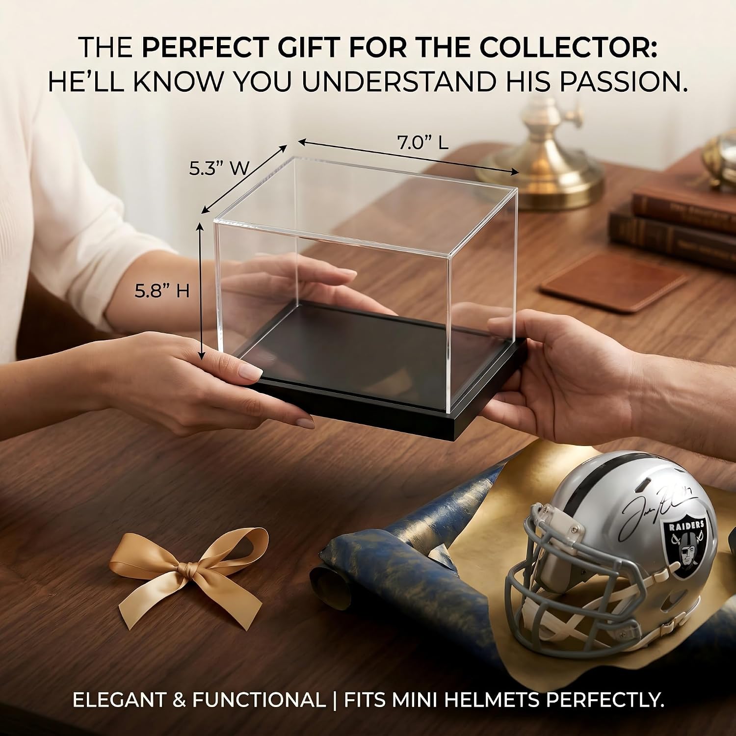 Mini Helmet Display Case with Solid Wood Base UV Protection Acrylic Showcase for Mini Helmets & Racing Memorabilia Display Box (Black)