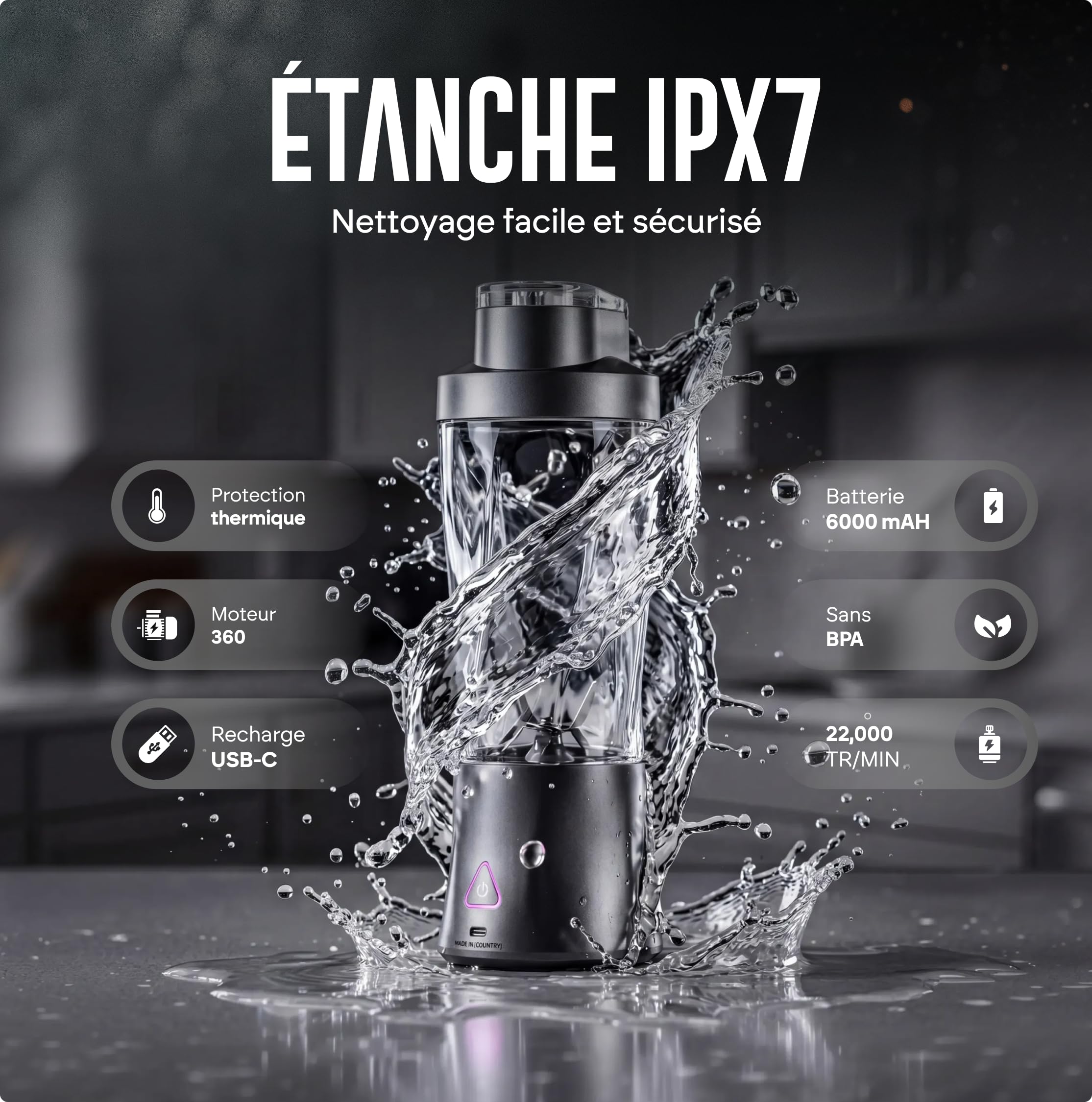 Blender Portable 700 ml, Mixeur Smoothie & Milkshake Rechargeable, 6 Lames Inox, 360 W, Broyeur à Glace, Shaker Protéiné Fruits et Légumes, Nettoyage Facile avec Brosse Incluse