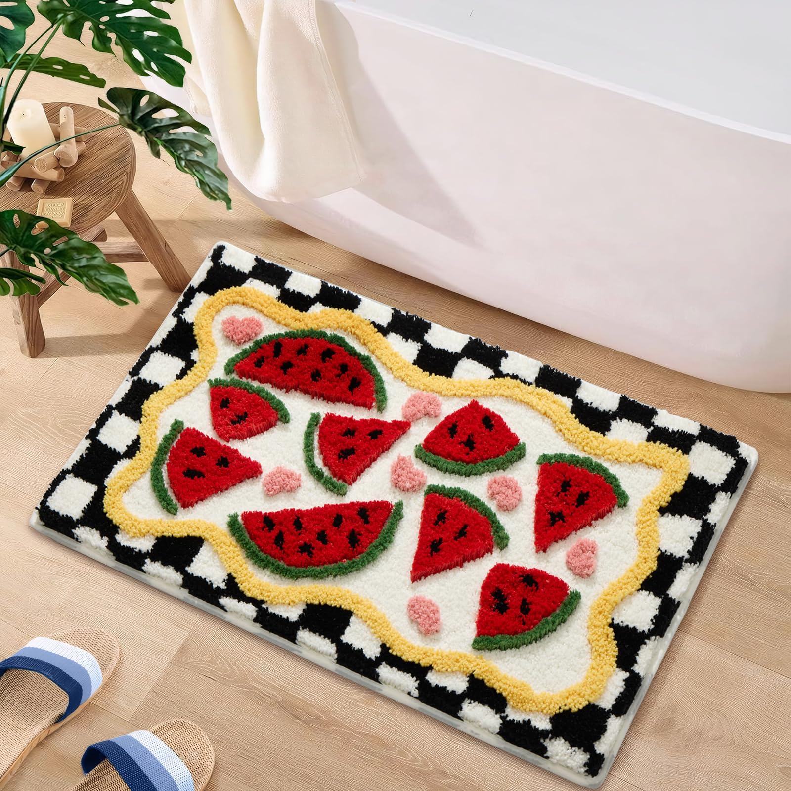 ORTIGIA Checkered Watermelon Bath Rug for Bathroom, Cute Bathroom Mat Non Slip Soft Microfiber Absorbent Washable Rug for Laundry Home Decor, 20x32