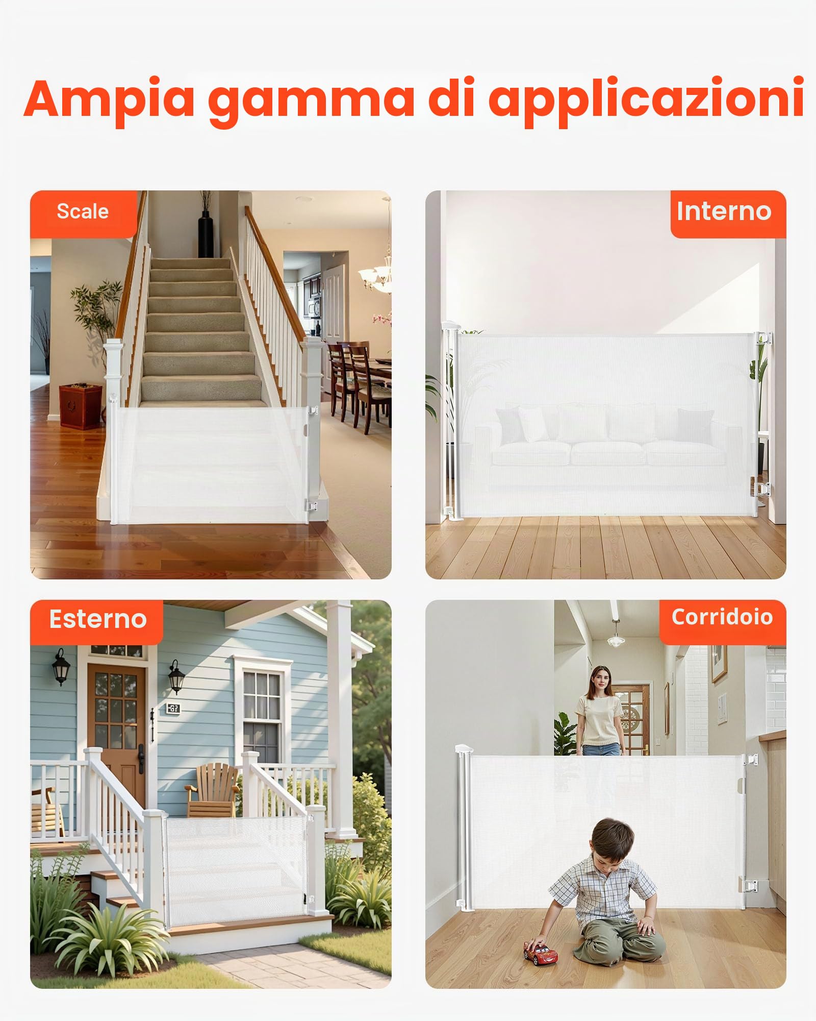 VEVOR Cancelletto Retrattile, Installazione Interna 1450 mm di Larghezza, 980 mm di Altezza, con Strisce in Fibra di Vetro Rinforzata, Impedisce che Si Infilino, Cancelletto in Rete per Cani, Bianco