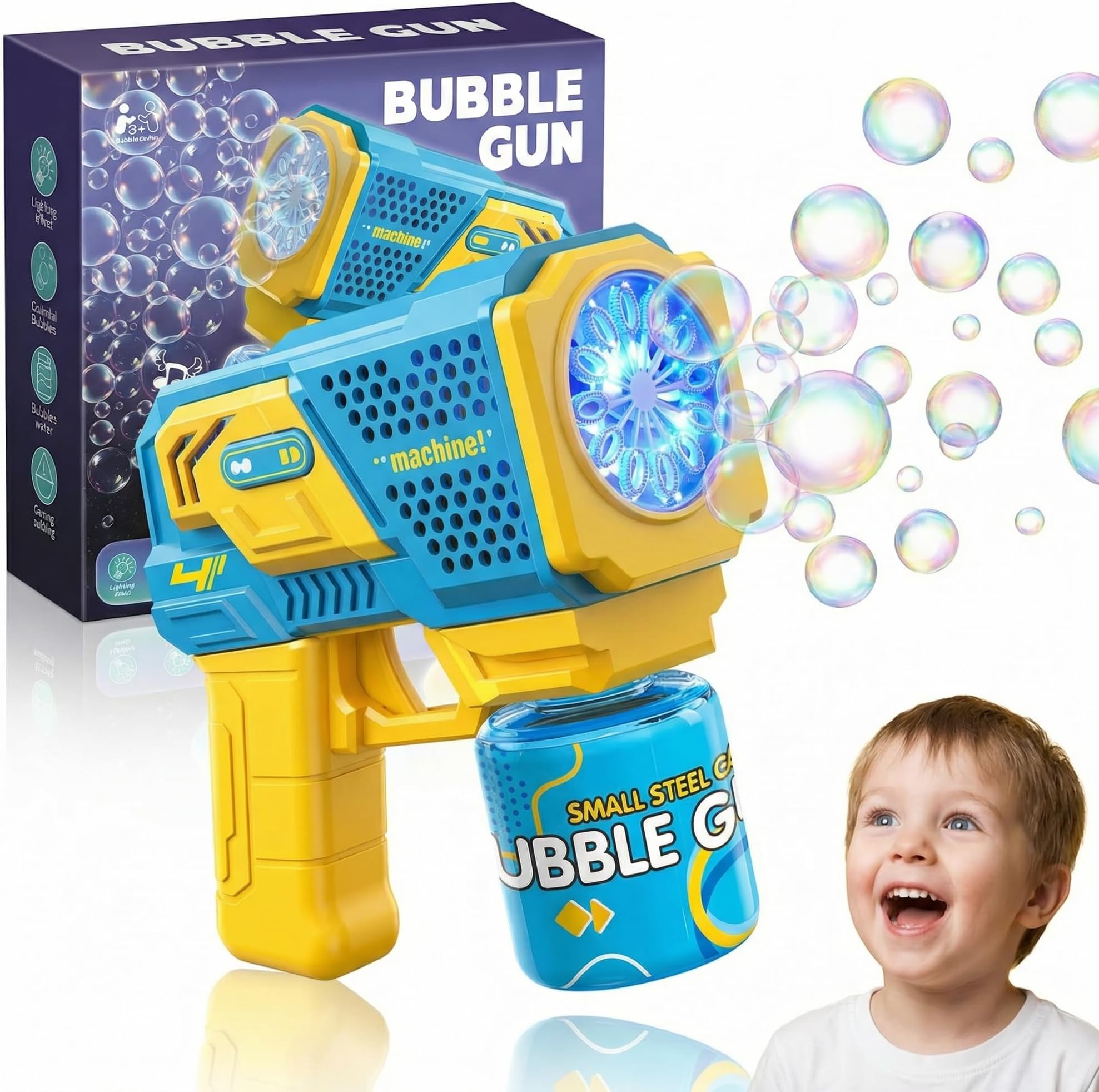 Bubble Gun for Kids with LED Lights – 1000+ Bubbles Per Minute, Automatic Bubble Machine Toy with Solution, Outdoor Party Gift for Boys & Girls Ages 3+ Blue/Yellow