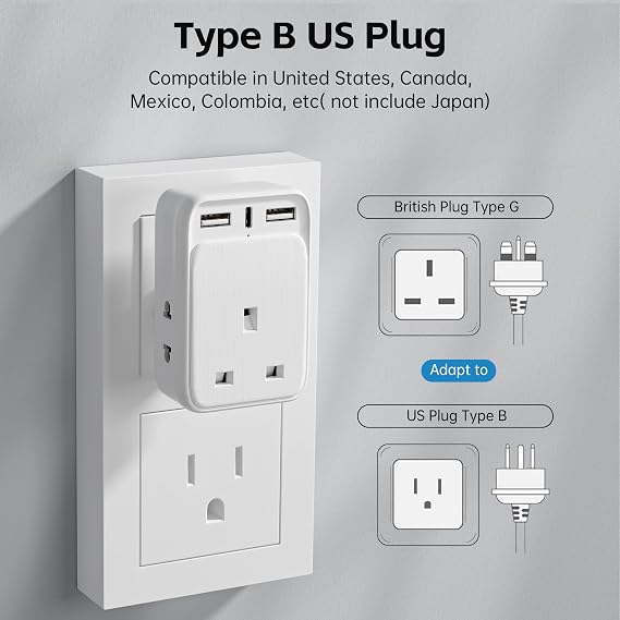 UK to US Plug Adapter 2 Pack, AODENG USA Travel Adapter with 2 Shaver Adapter, 1 UK 3-Pin Plug and 1 Type C Port & 2 USB Ports(Total: 5V/3.4A) American Plug Adapter for Canada, Mexico