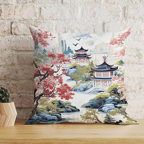 Miniatura 3 de ArogGeld Funda de cojín decorativa con diseño de flor rosa coral de pagoda azul, chinoiserie, jardín, paisaje, chinoiserie, granja, funda de