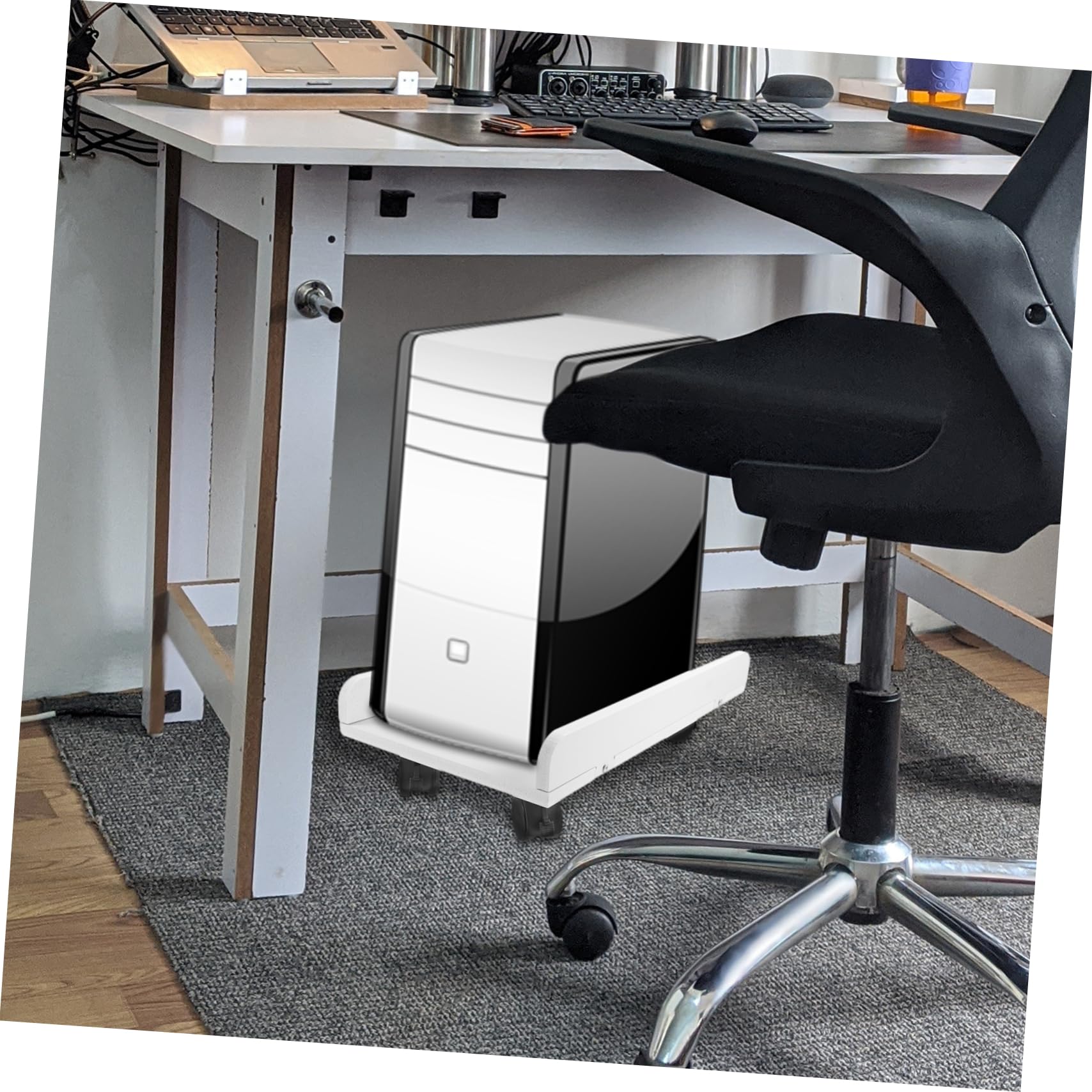 Supporto Torre Computer Rotelle per Scrivania Ufficio, Porta PC Bianco in Legno e Plastico, Salvaspazio Elevata Capacità di Carico per Postazione Gaming