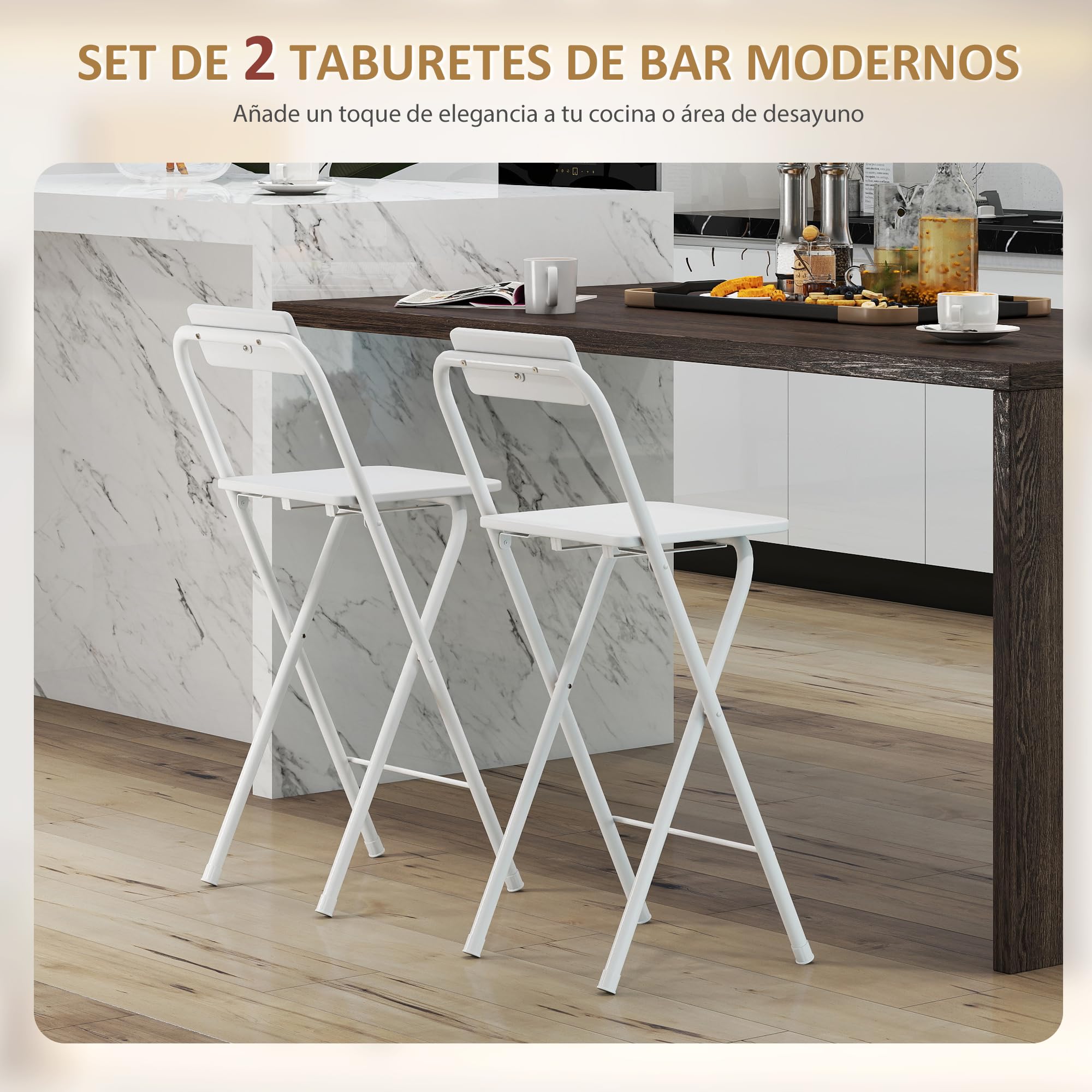 HOMCOM Juego de 2 Taburetes de Bar Plegables Taburetes Altos de Cocina con Respaldo Reposapiés y Marco de Acero para Comedor Mostrador Blanco