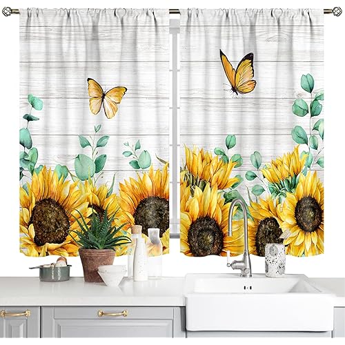 Farmhouse Sunflowers Kitchen Curtain Rustic Butterfly Country Retro Wood Texture Yellow Windows Living Room Bedroom Drapes Treatment Drapes Fabric 2 Panels 28x39 Inch