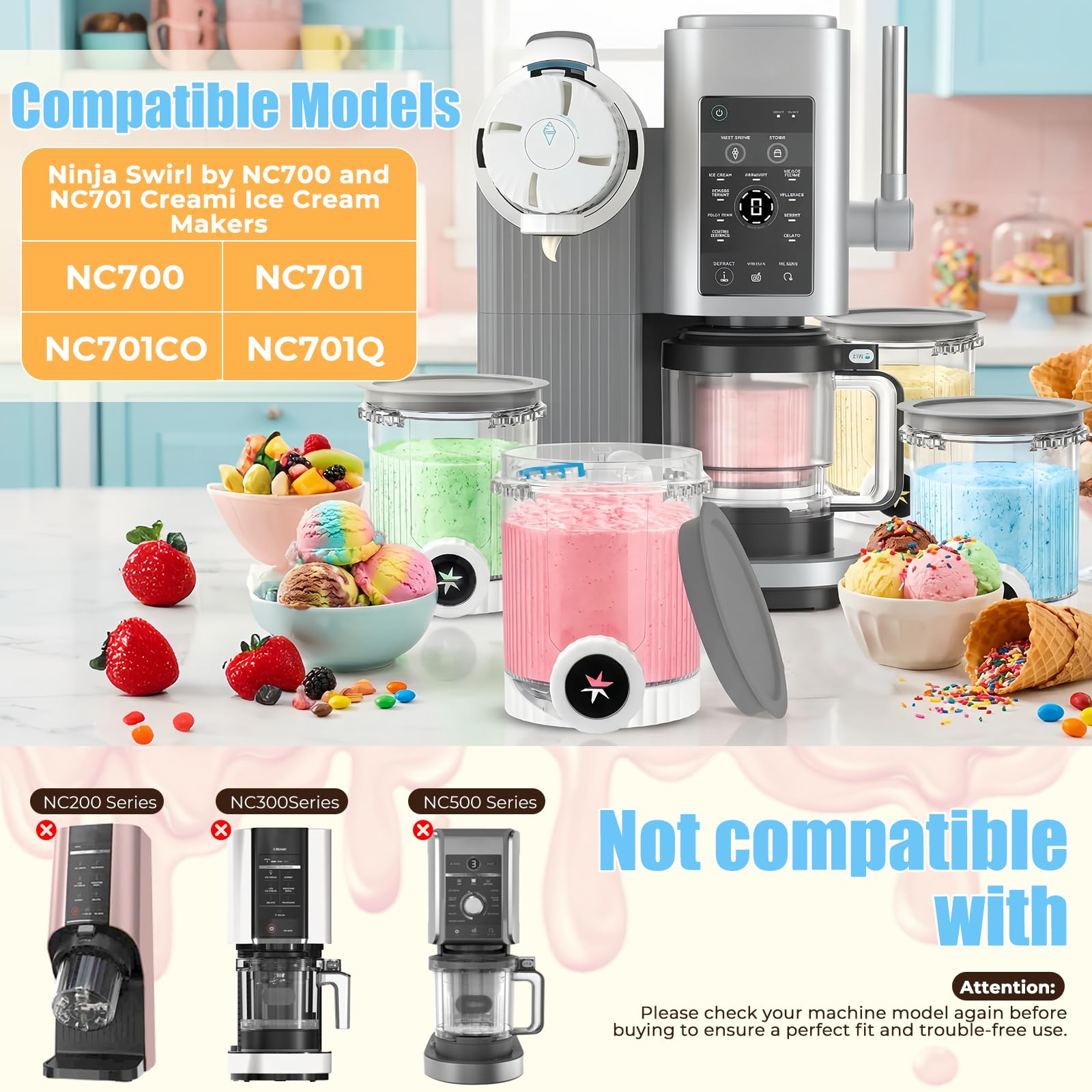 4 Pièces Pot pour Ninja Ice Cream Swirl, 480ml Pot pour Ninja Creamy Swirl pour Ninja NC700 NC701, Bacs à Crème Glacée avec Couvercles Étanches, BPA et Lave-Vaisselle