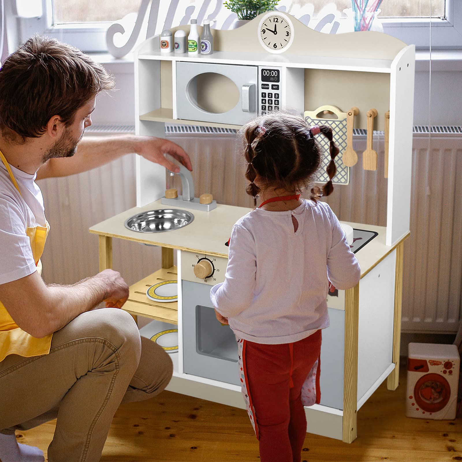 Spielküche Matschküche Holz Kinderküche, Küchenspielzeug für Kinder Küchenset mit Komplett Zubehör, 65x24x85cm (Typ A)