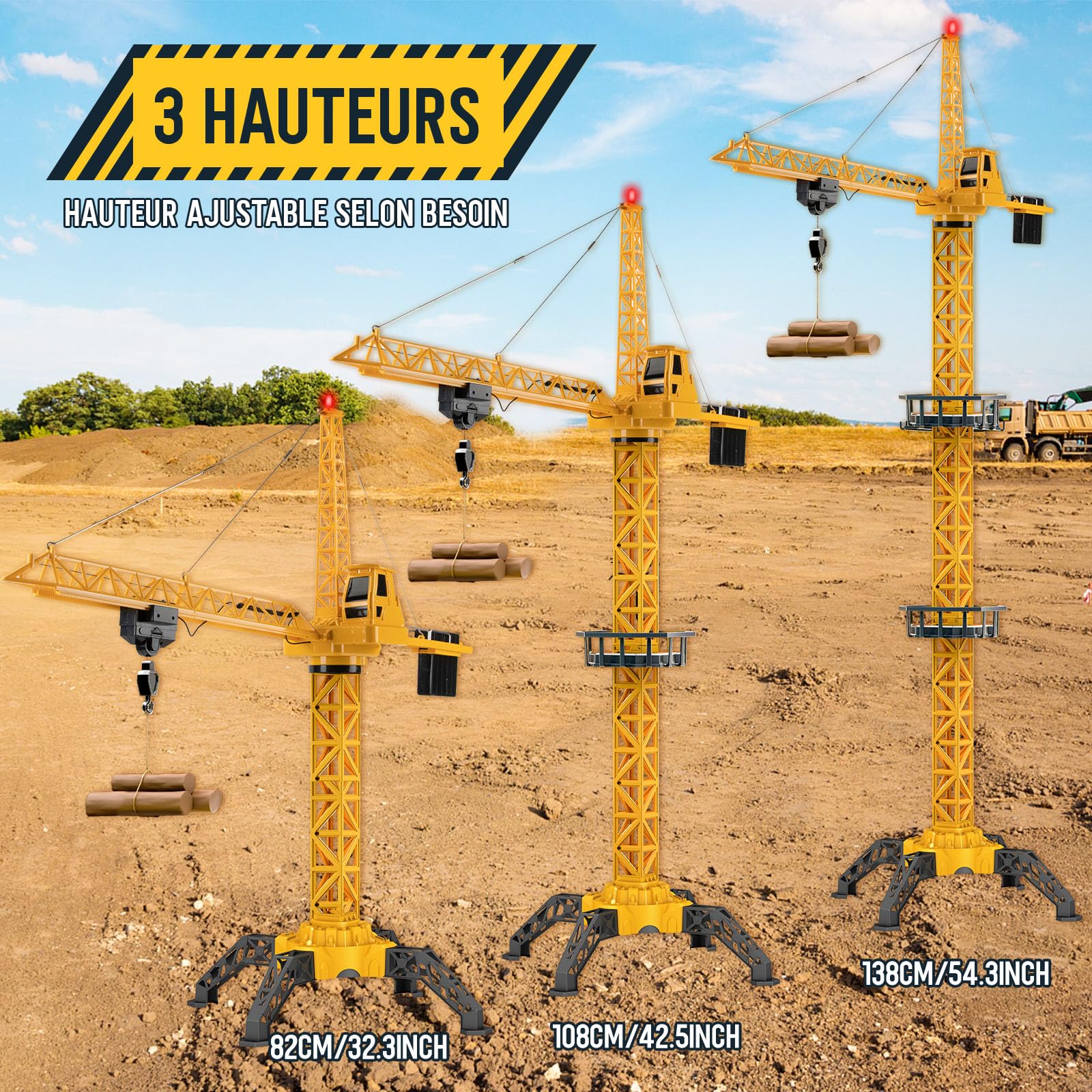 JONRRYIN Grue à Tour Télécommandée de Hauteur 138 cm, 6 Canaux 2,4 GHz RC Grue à Tour 680° Rotation, Jeu de Chantier Enfant avec Lumières pour Enfants Garçon (Jaune)