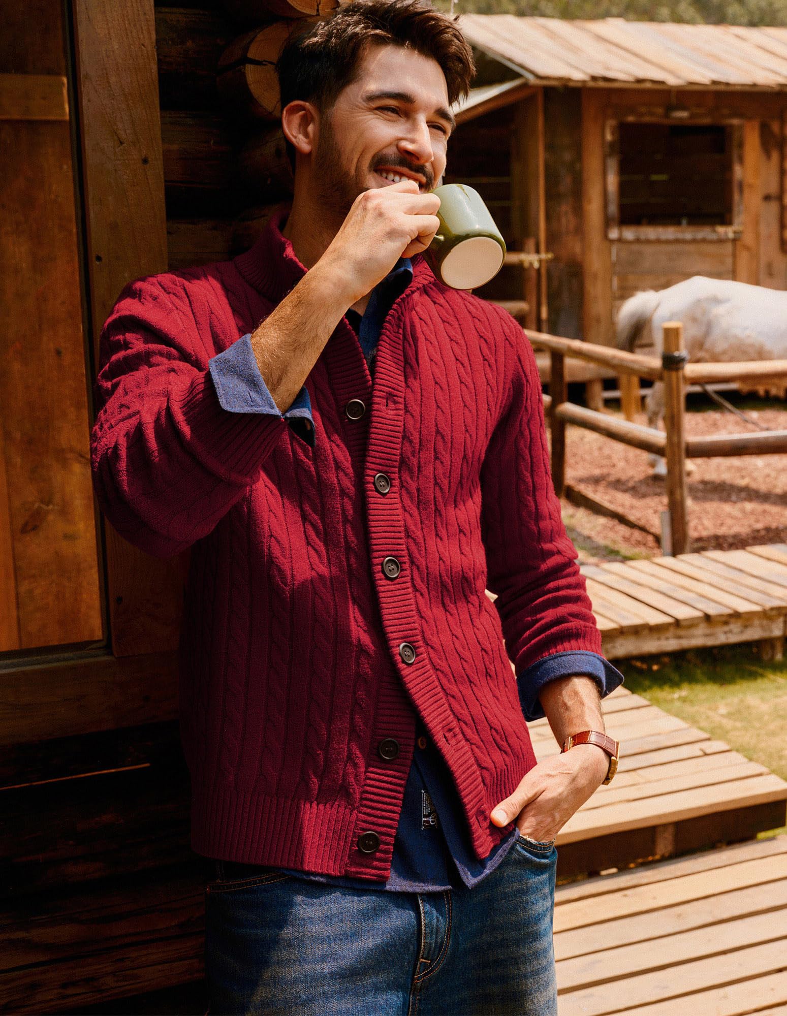 PJ PAUL JONES Cárdigan de punto trenzado con botones para hombre cuello alto