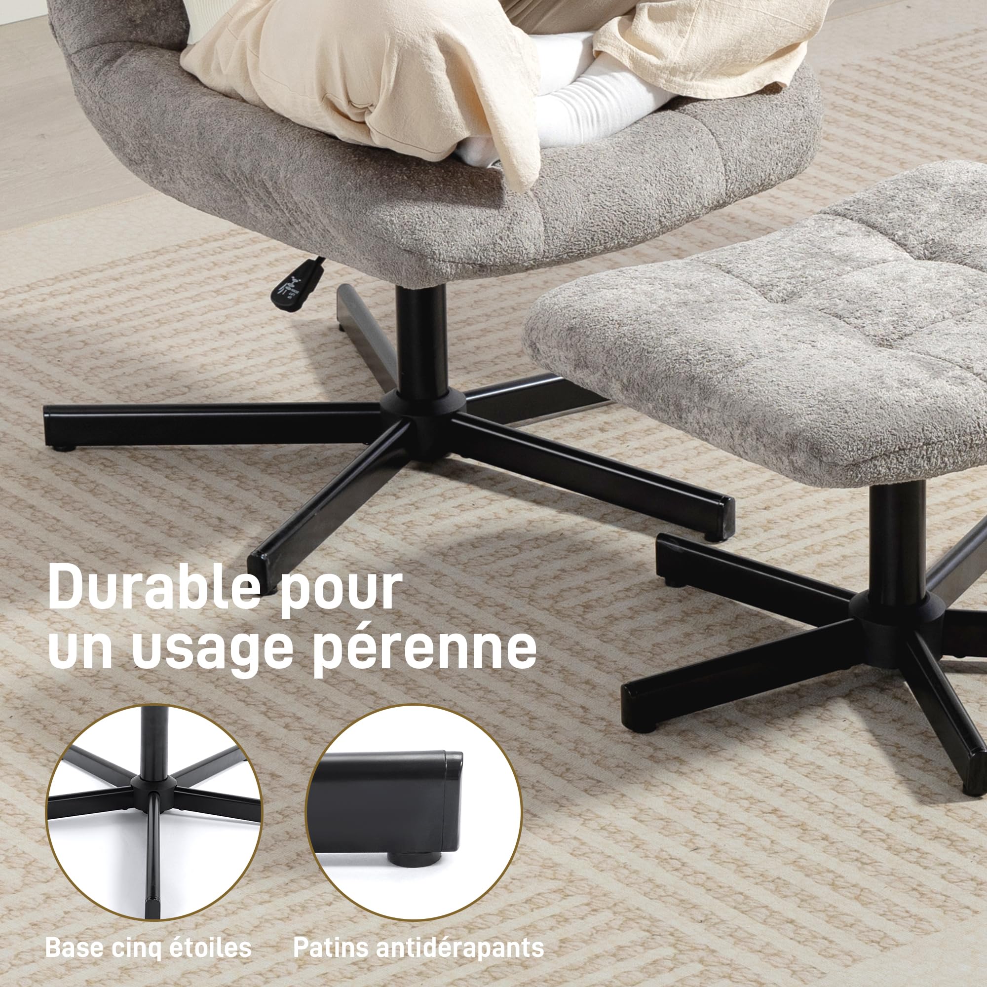 HOMCOM Fauteuil Salon avec Repose-Pieds, Chaise pivotante en Velours sans accoudoirs, Hauteur réglable, Dossier inclinable 4 Positions, Assise rembourrée, Fauteuil Relax pour Salon et Chambre, Gris | Sans Accoudoirs, Hauteur Réglable, Dossier Inclinable 4