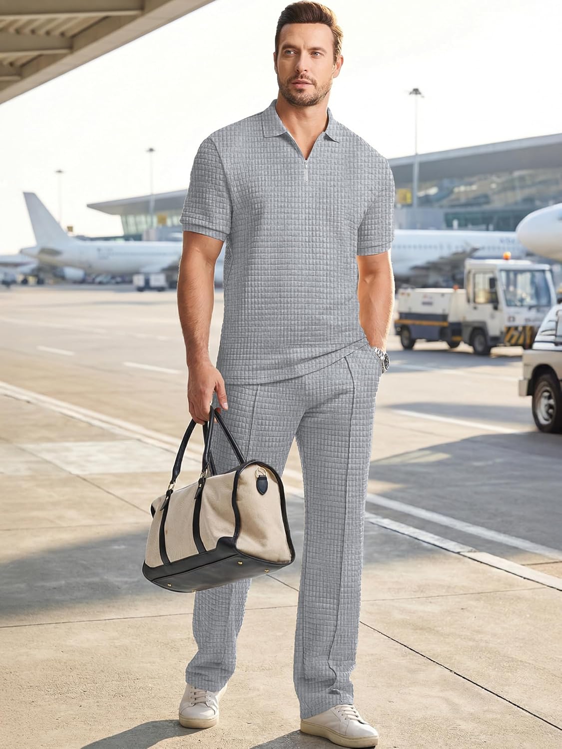 JMIERR Mens Summer 2 Piece Outfits Short Sets Beach Waffle 1/4 Zip Polo Shirts Casual Loose Pant Loungewear - Image 7