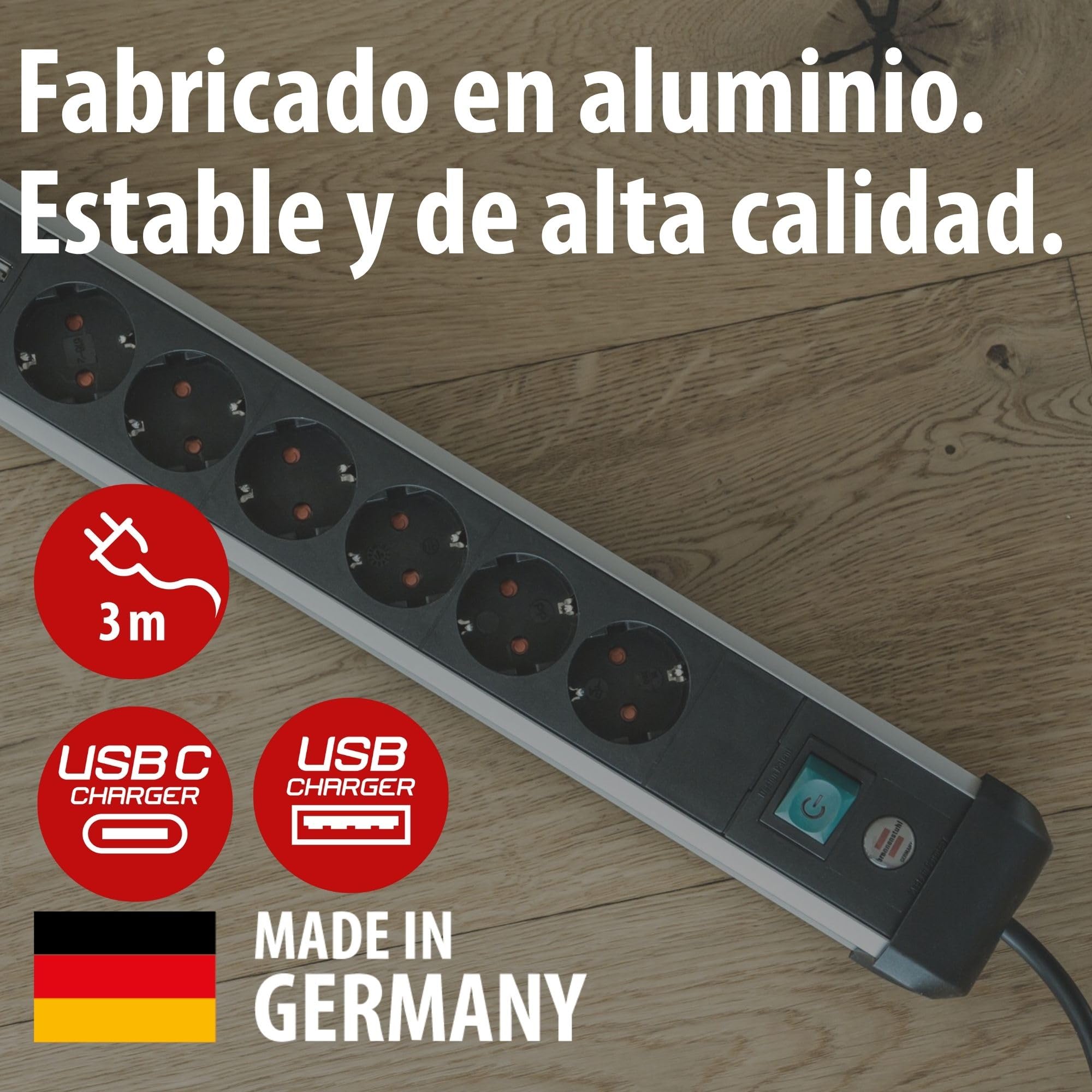 Brennenstuhl Premium-ALU-Line regleta de 6 enchufes con USB C PD 30W y USB A 18W de Aluminio (Fabricado en Alemania, regleta con Cable de 3m e Interruptor, para Montaje en Pared)