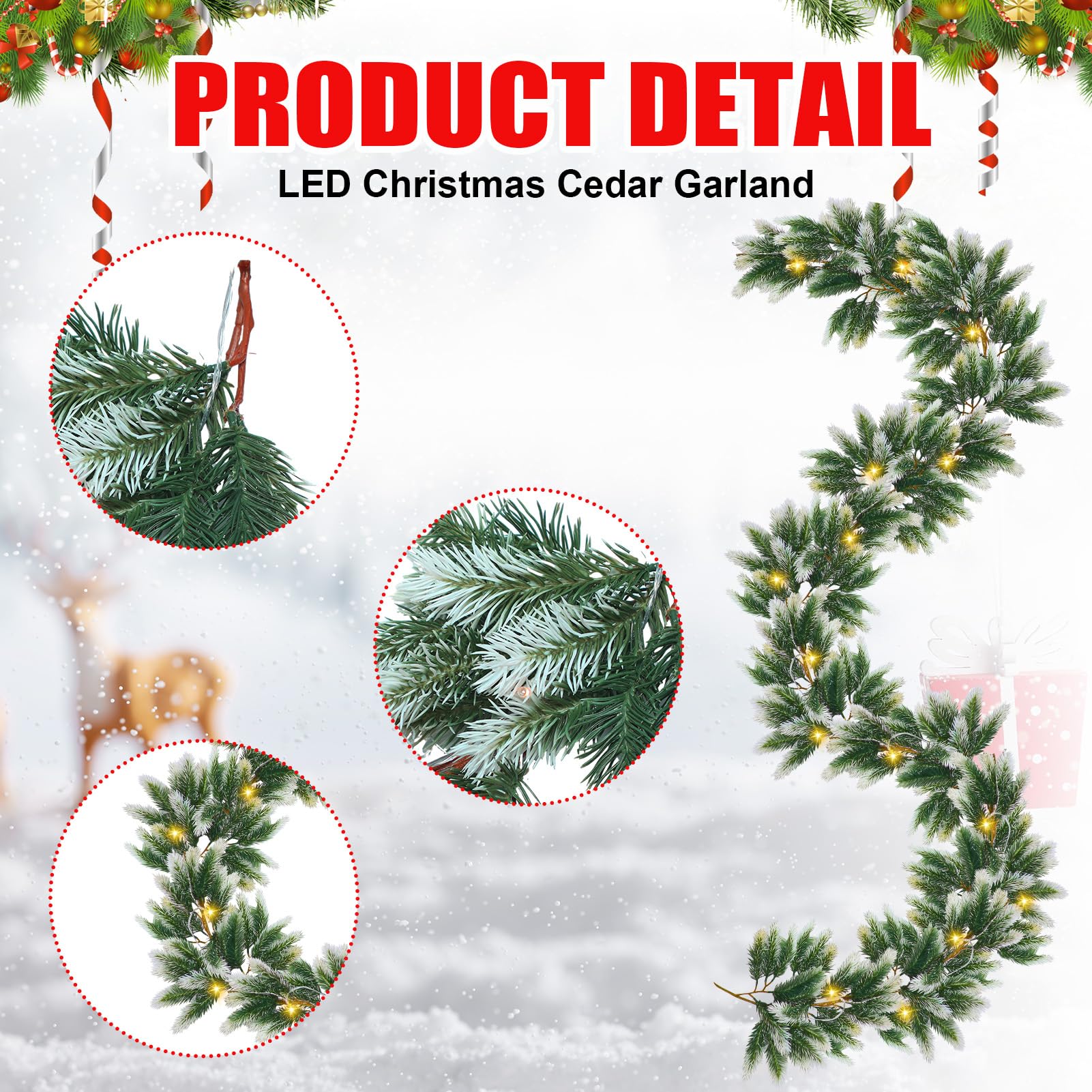 Chuangdi Lot de 6 guirlandes de Noël floquées de neige artificielles avec lumières - Guirlande de pin de cèdre blanche pour cheminée, table, porte d'entrée, décoration d'escalier (lot de 6, LED blanc