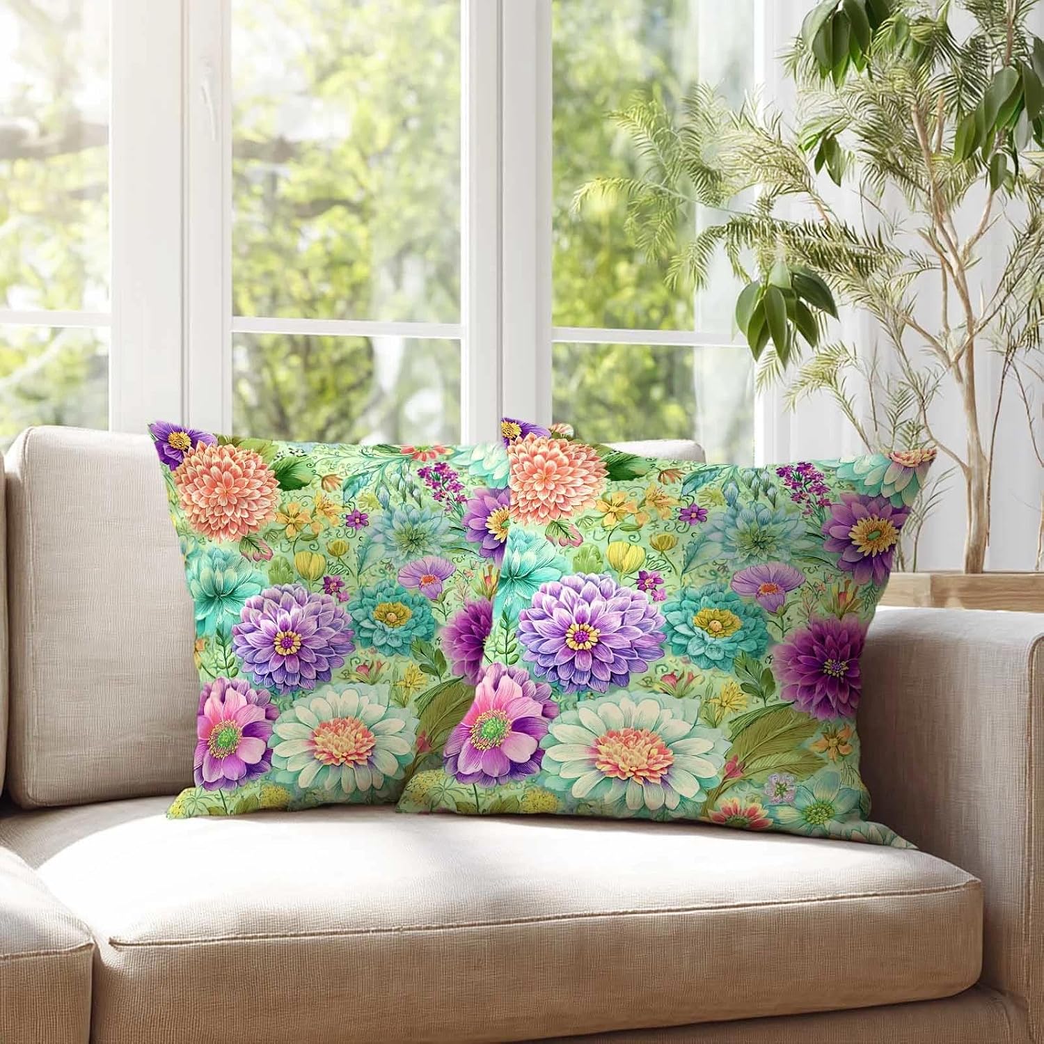 Mint Green Vintage Floral Throw Pillow Covers 18x18 Set of 2, Purple Teal Botanical Decorative Cushion Covers, Eclectic Garden Pillow Cases for Couch Sofa Bedroom Living Room Decor image 2