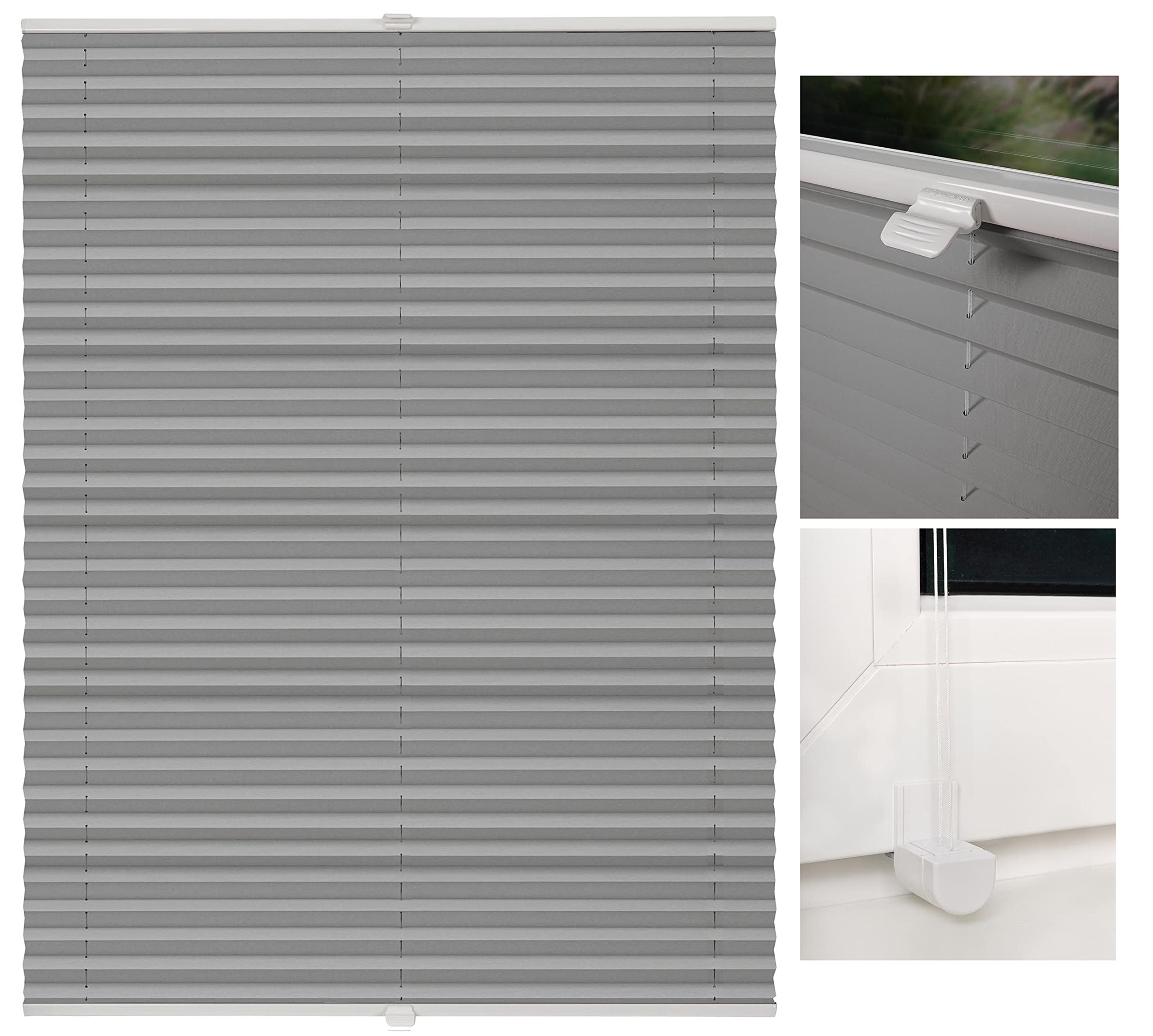 Plissee ohne Bohren Klemmfix Faltrollo Jalousie Plisseerollo Sichtschutz und Sonnenschutz Blickdicht lichtdurchlässig Rollo für Fenster & Tür Hellgrau 110x130 cm