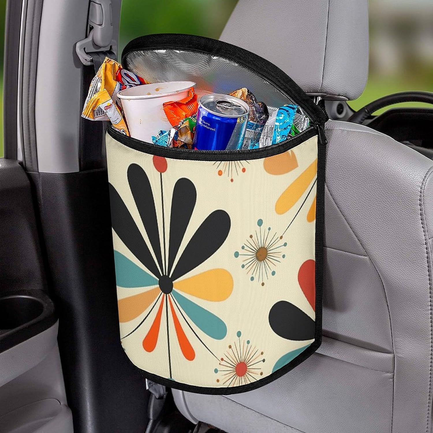 MUSM Leakproof Car Trash Can 2.5 Gallon, Durable Automotive Garbage Bag with Waterproof Liner, Retro Modern Trash Bag for Car, Truck, RV & Bathroom