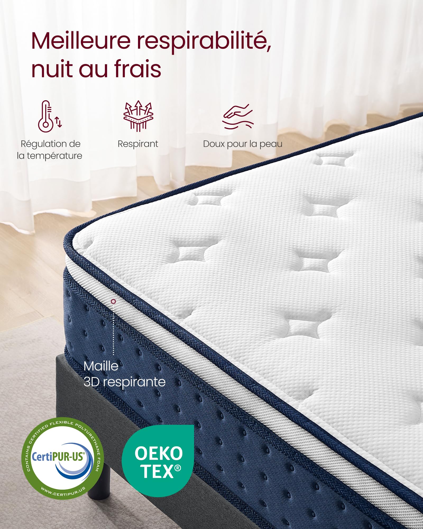 VASAGLE Matelas Double 140 x 190 x 25 cm, Matelas Hybride à Ressorts Ensachés, Mousse à Mémoire de Forme Gel, Soutien Mi-Ferme sur 7 Zones, Bords Renforcés, Housse Respirante, Bleu RMZ223QZ02