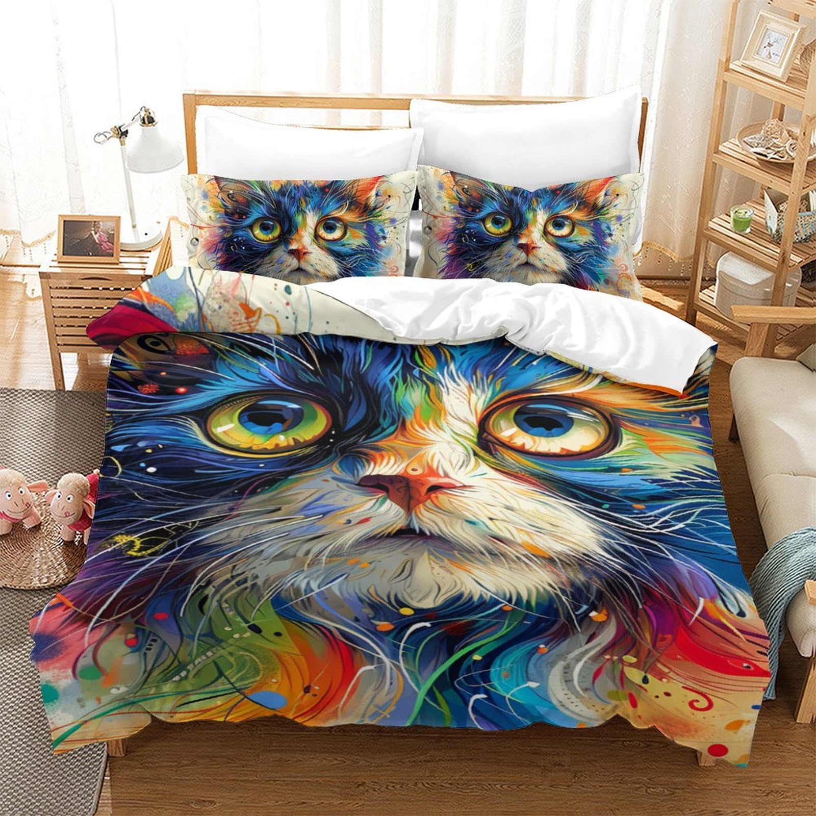 Parure de lit chat 3D housse couette 140x200 taie oreiller ensemble literie microfibre