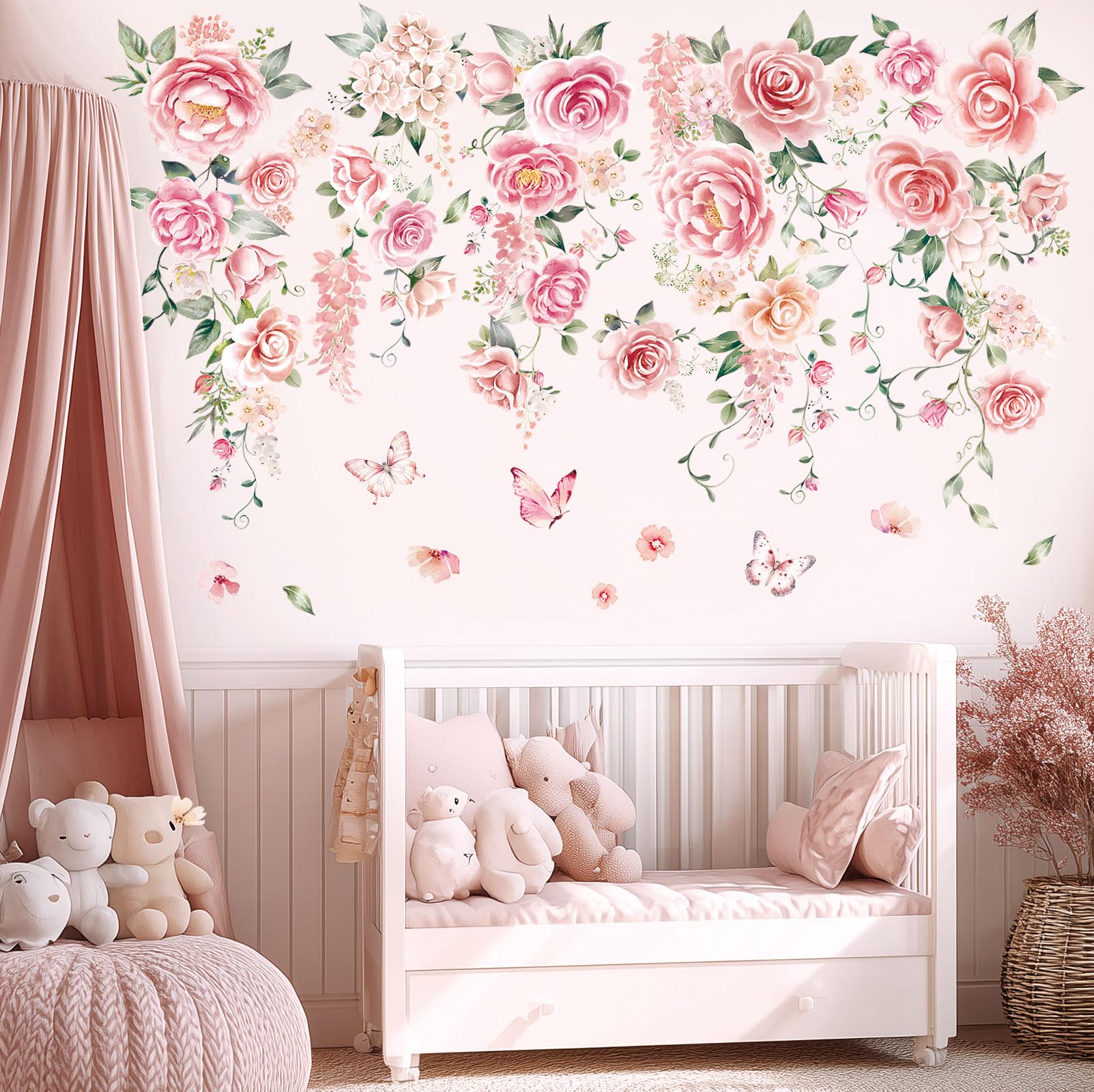 Decowall Women's Rose Vine Large Pink Rose Flower Wall Stickers Peony Hanging Floral Vine Wall Decals Baby Nursery Girls Bedroom Living Room Wall Decor (Sg3-2428)