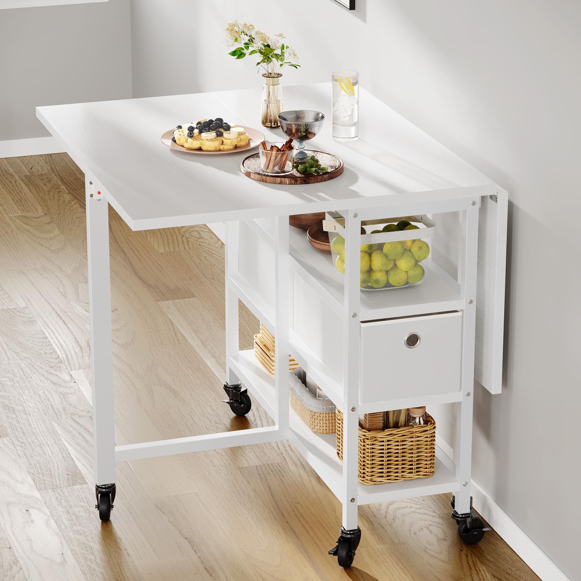 YITAHOME Table de Salle à Manger Pliante Mobile avec 6 roulettes et tiroirs de Rangement pour Petits espaces, Cuisine, Salle à Manger, Blanc