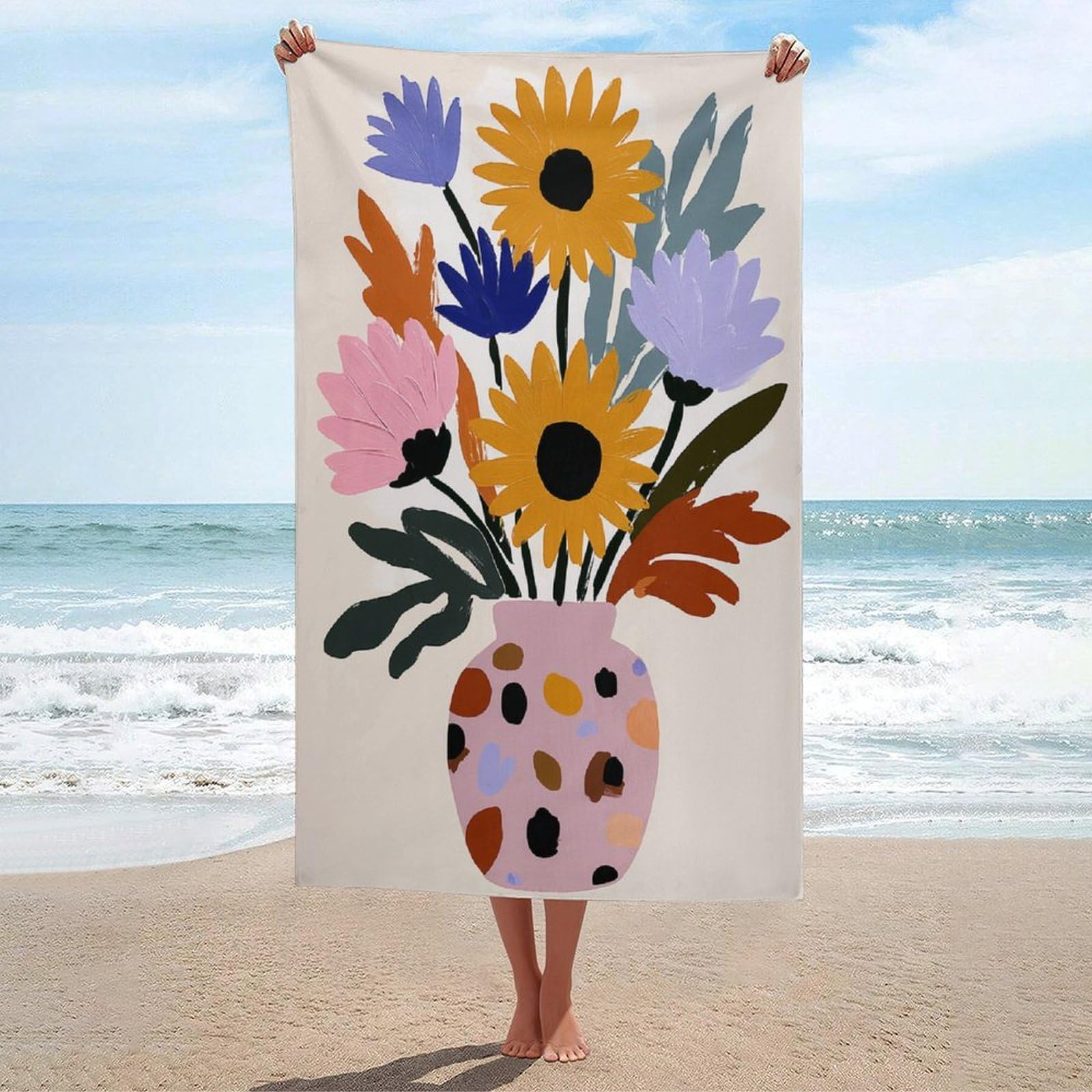 LSRCPD Small Yellow Sunflowers Organic Shape Beach Towel Sand Free Microfiber Large Shower Towels Multipurpose Absorbent for Bathroom Pool 130x80 CM