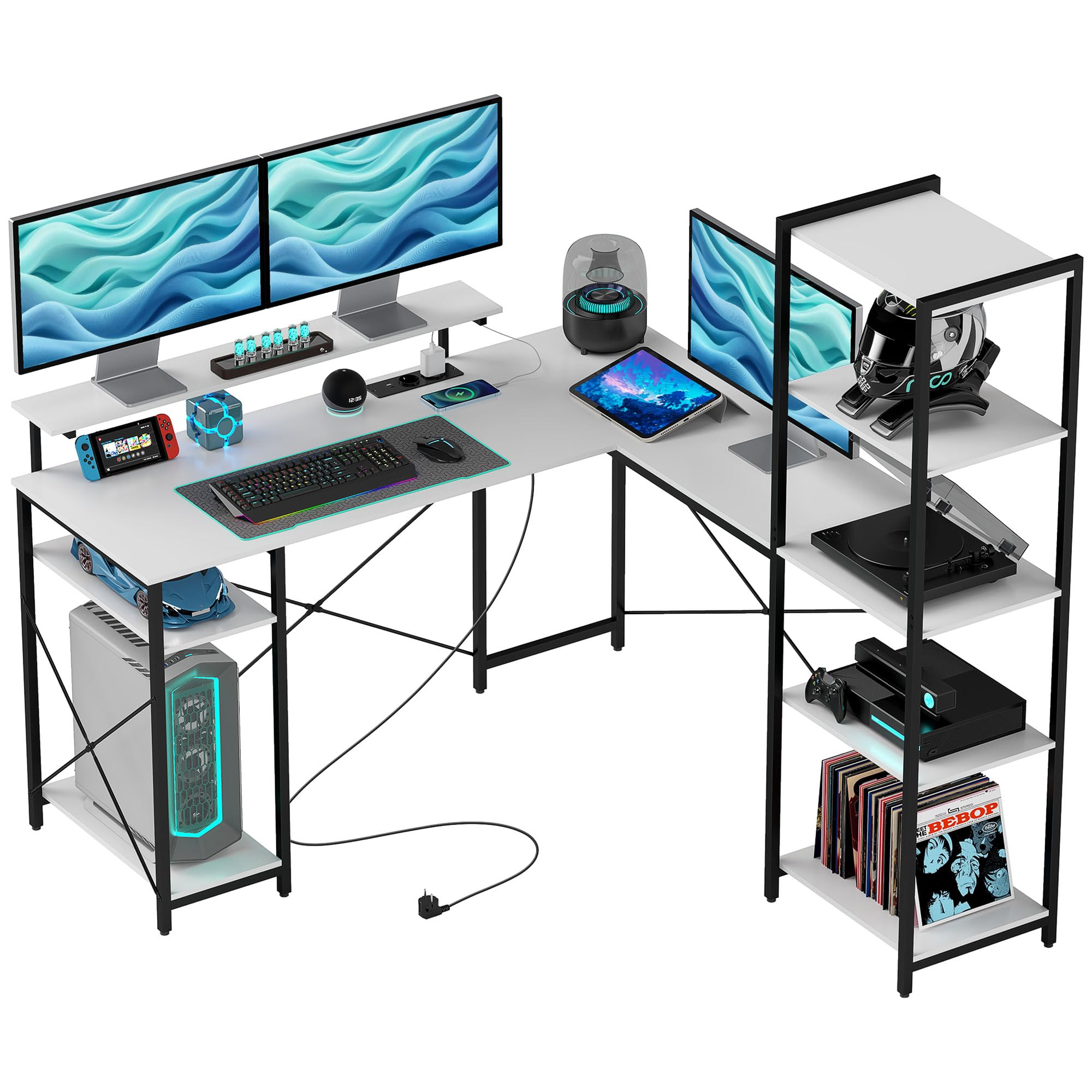 HOMCOM Scrivania Angolare per Computer 137x140cm ad L Reversibile Nero | Doppio Supporto per Monitor, Prese Elettriche, Tavolo per PC con Libreria, per Ufficio Studio e Camera da Letto